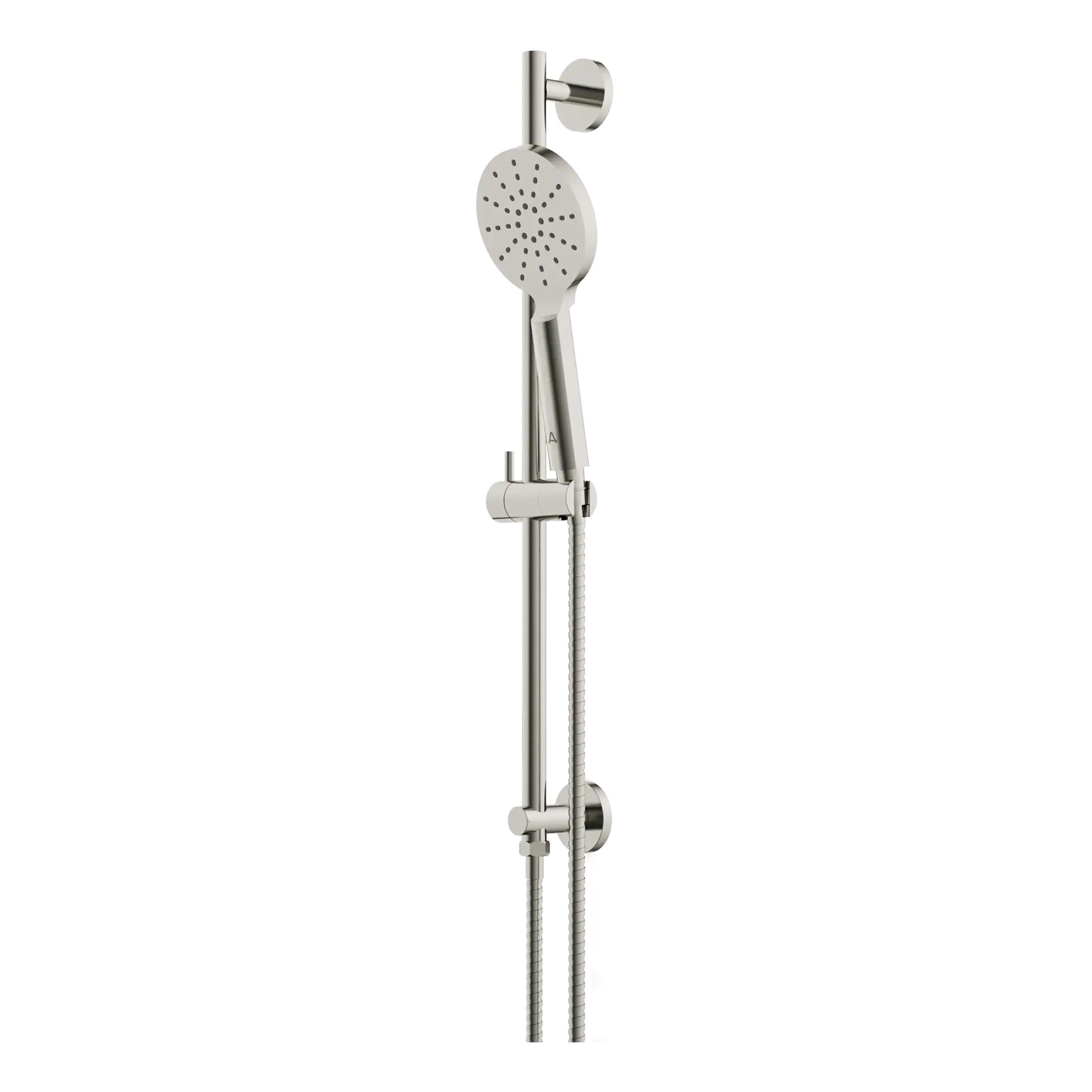 Chrome handheld shower head with adjustable sliding rail in a modern bathroom setting.