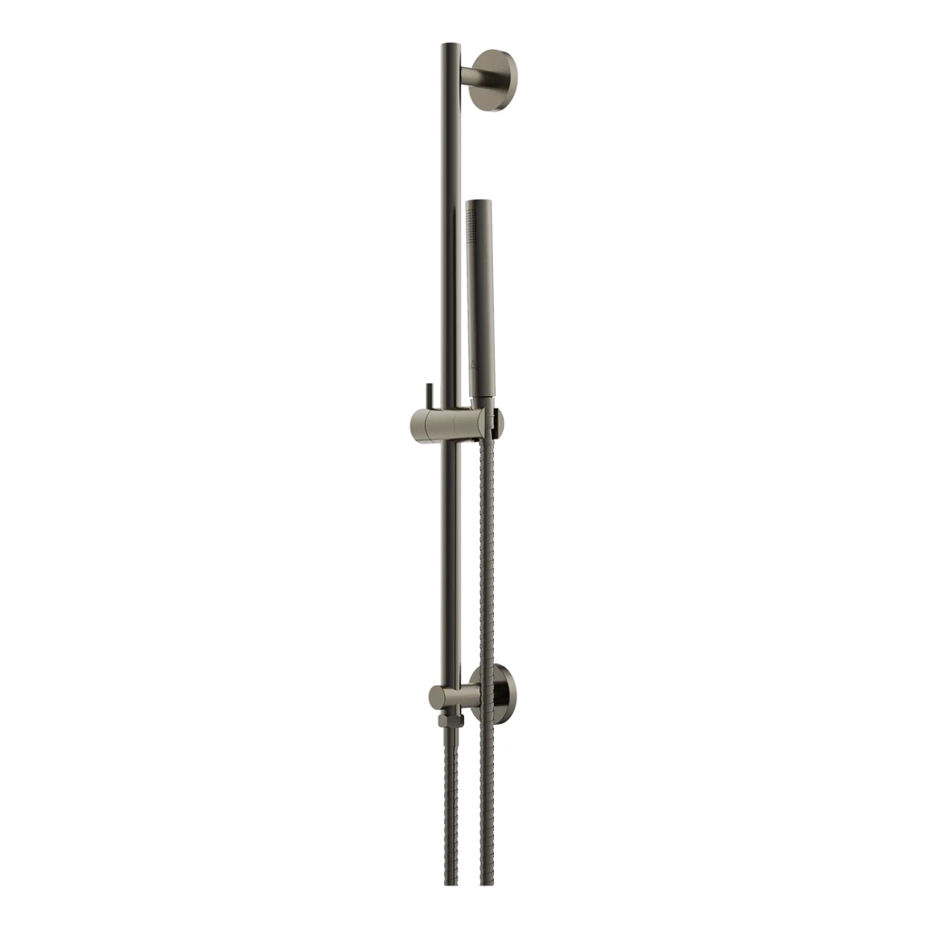 Chrome and brushed nickel bathroom shower slider with handheld shower head and adjustable height rail. Perfect for modern, stylish bathrooms with high-quality fixtures.