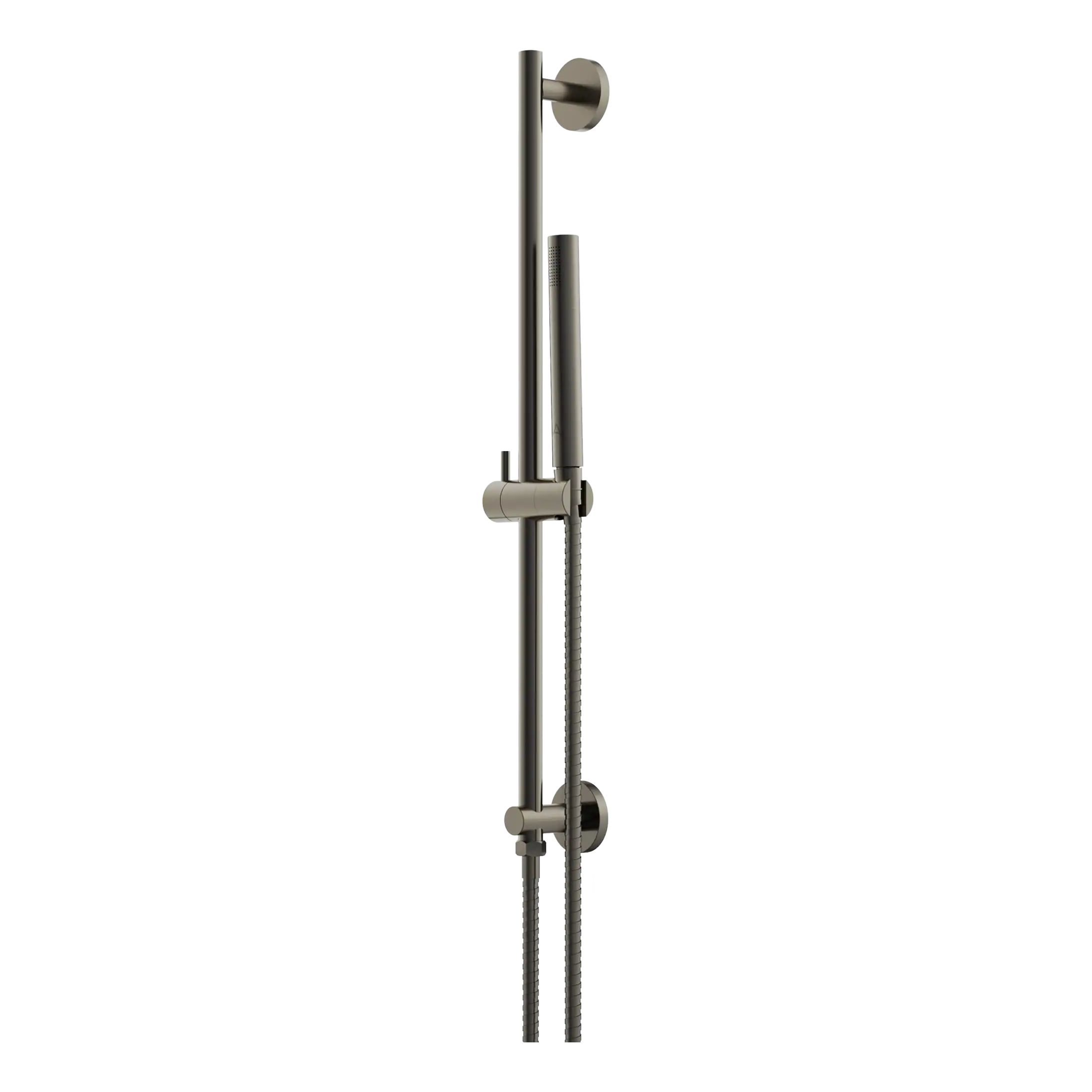 Chrome and brushed nickel bathroom shower slider with handheld shower head and adjustable height rail. Perfect for modern, stylish bathrooms with high-quality fixtures.