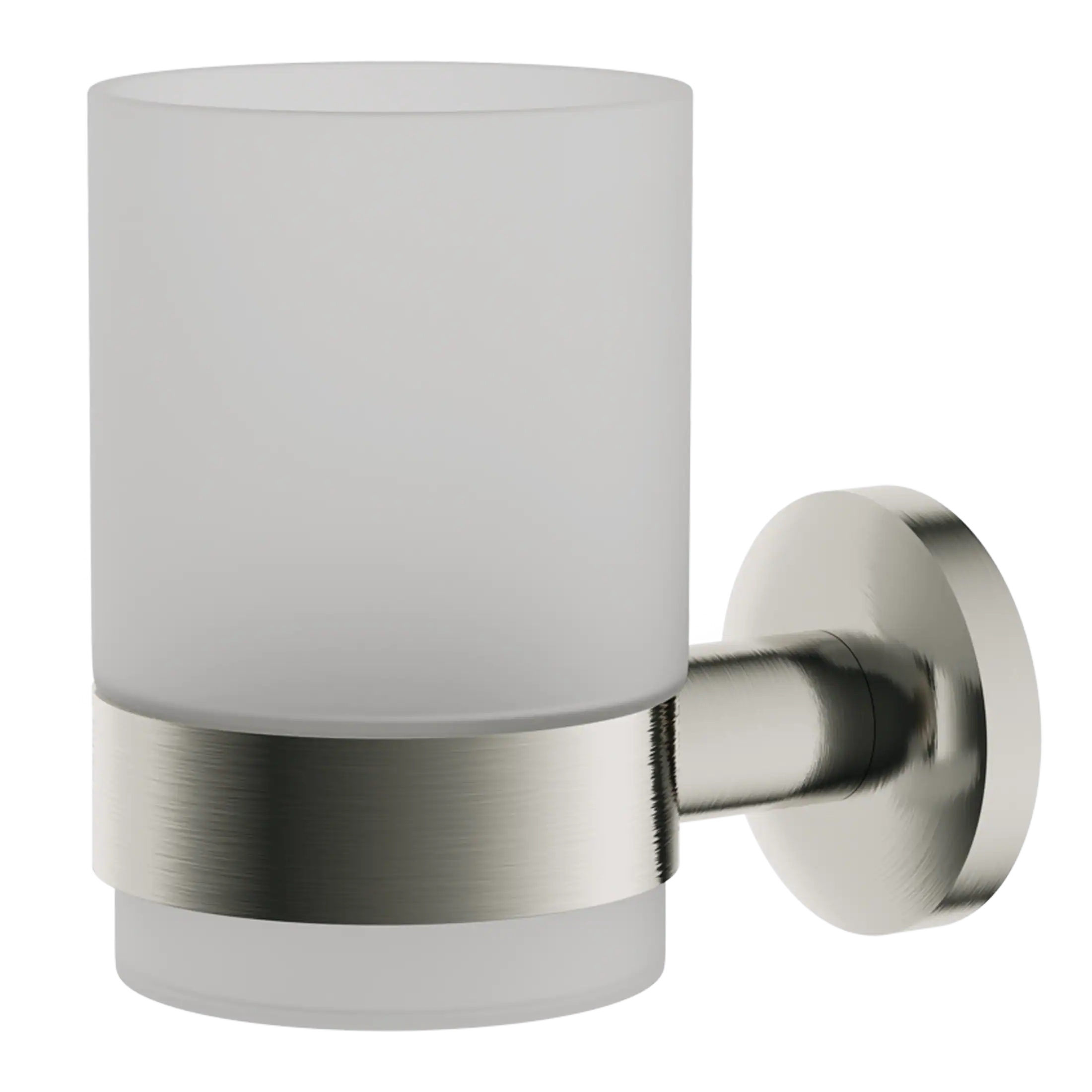 Brushed nickel wall-mounted bathroom accessory holder with frosted glass cup from Bubly Bathrooms. Modern and sleek design ideal for organising toiletries in contemporary bathrooms.