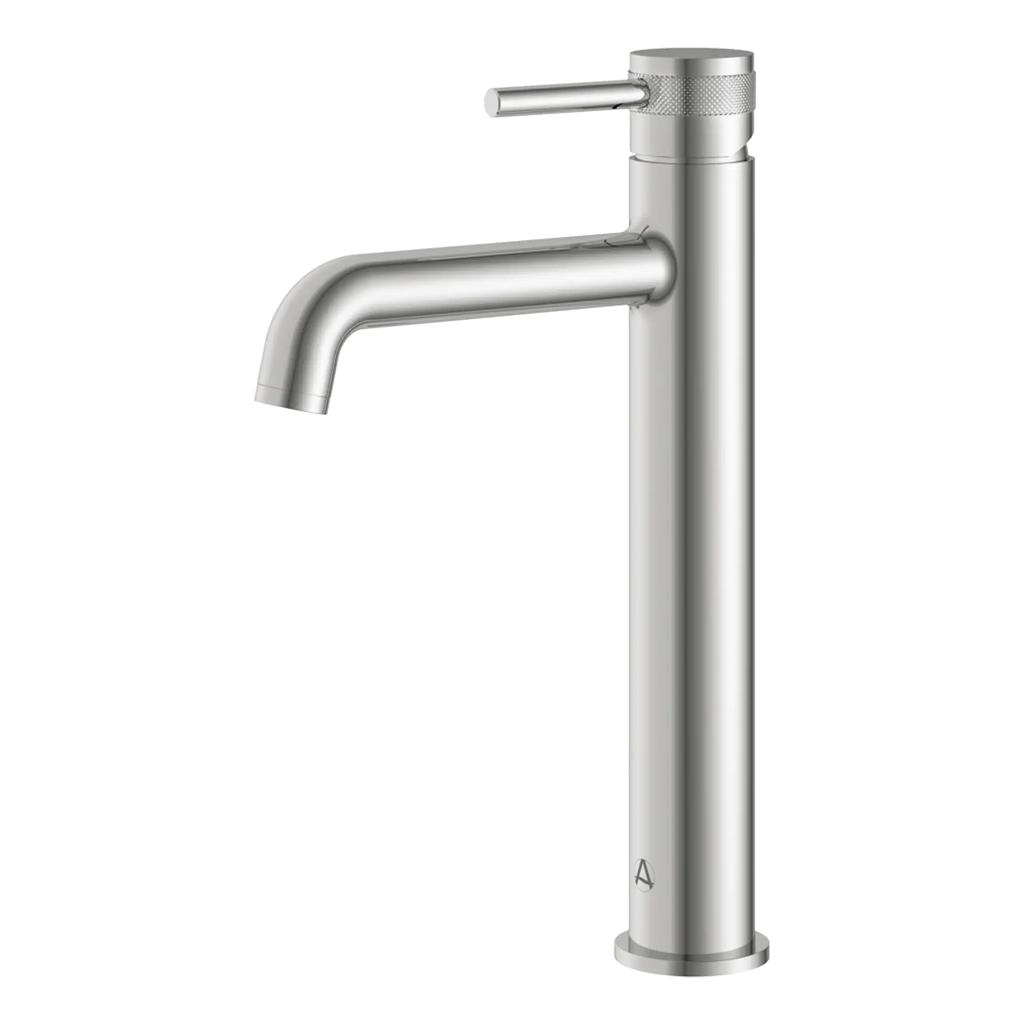 Brushed nickel bathroom faucet, modern single-handle mixer tap, sleek design and durable build, ideal for contemporary bathroom renovations and plumbing fixtures.