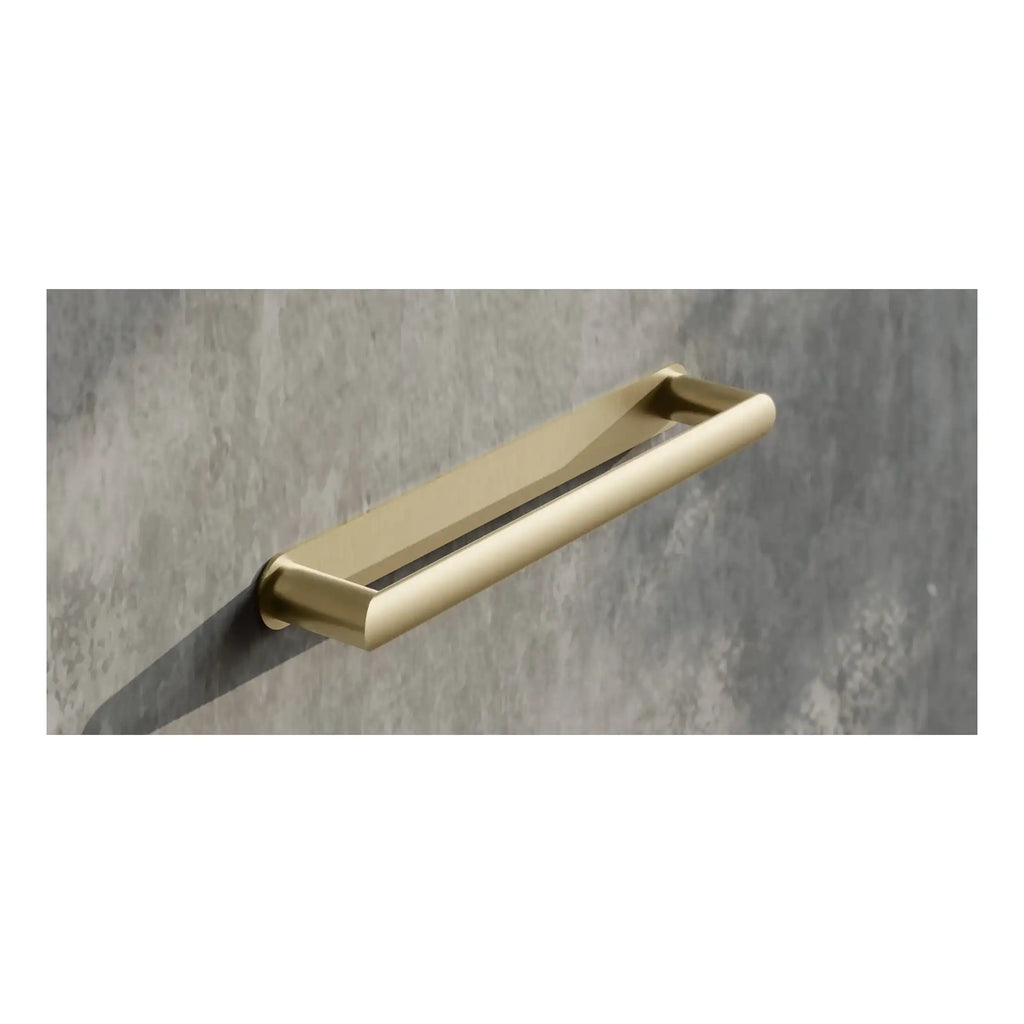 Sleek matte gold bathroom grab bar mounted on a grey textured wall, designed for safety and modern aesthetic. A stylish accessory for contemporary bathrooms ensuring stability and elegance.