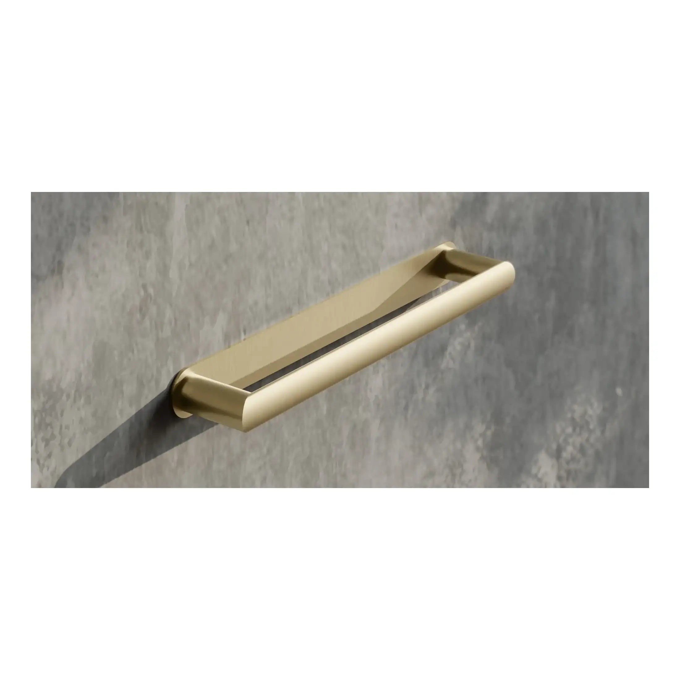 Sleek matte gold bathroom grab bar mounted on a grey textured wall, designed for safety and modern aesthetic. A stylish accessory for contemporary bathrooms ensuring stability and elegance.