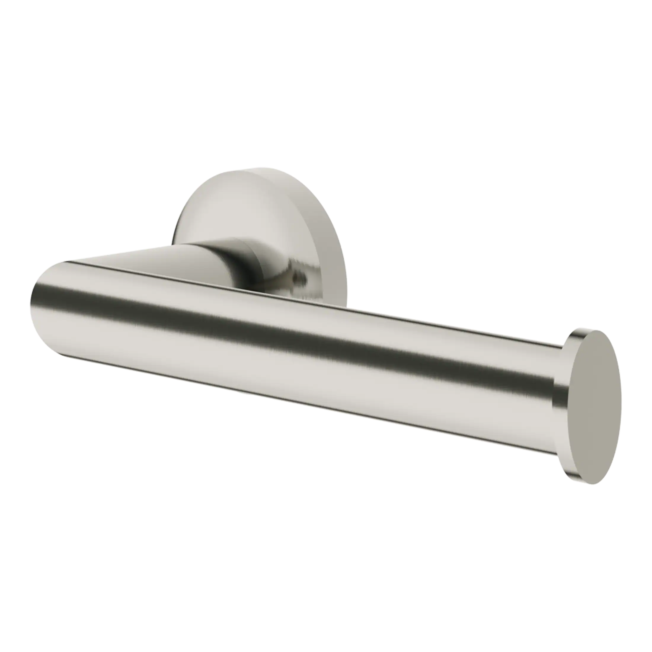 Polished stainless steel toilet paper holder mounted on a white wall, modern bathroom fixture.