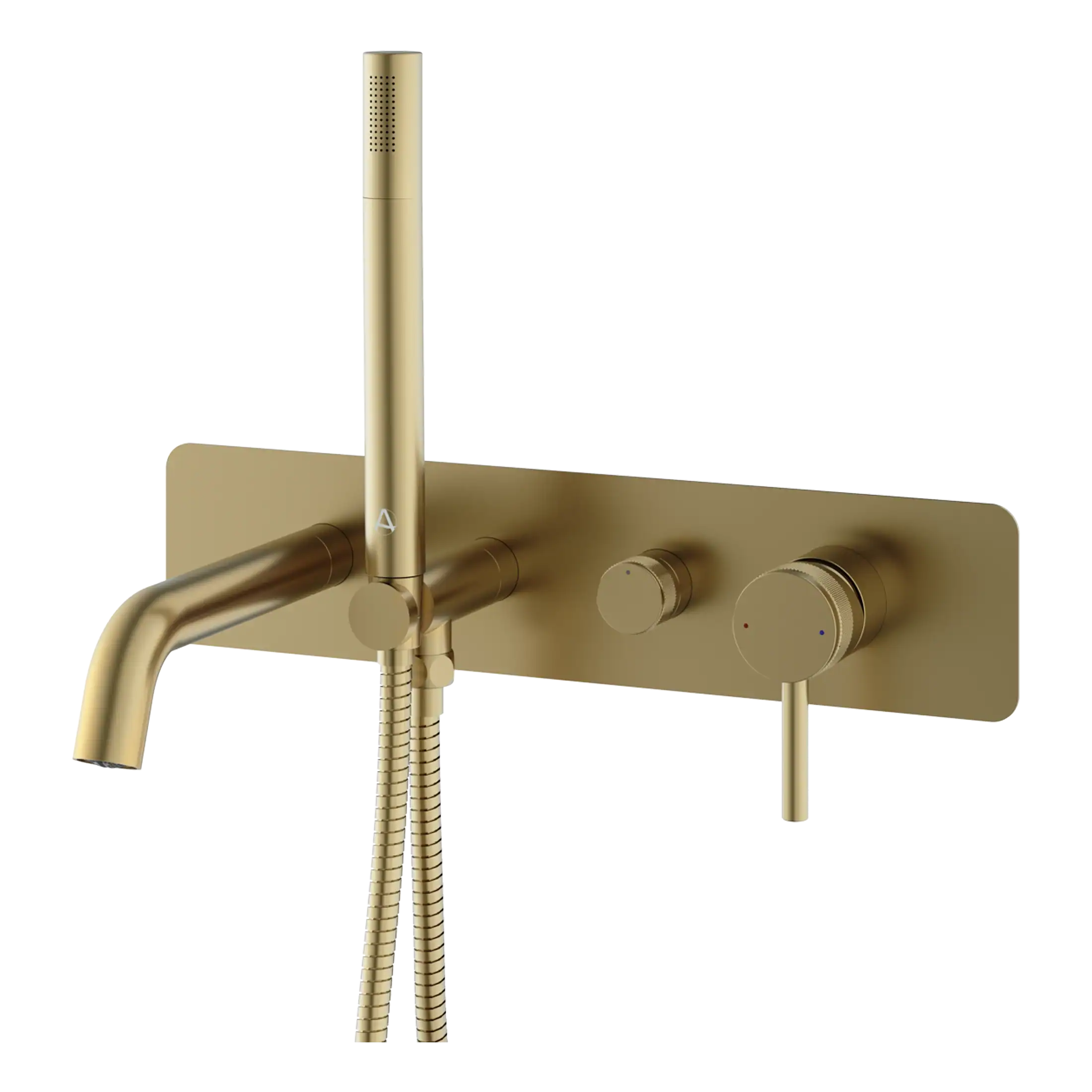 Sleek gold modern wall-mounted bathroom mixer tap with handheld shower, handles and temperature controls for luxurious bathroom renovation.