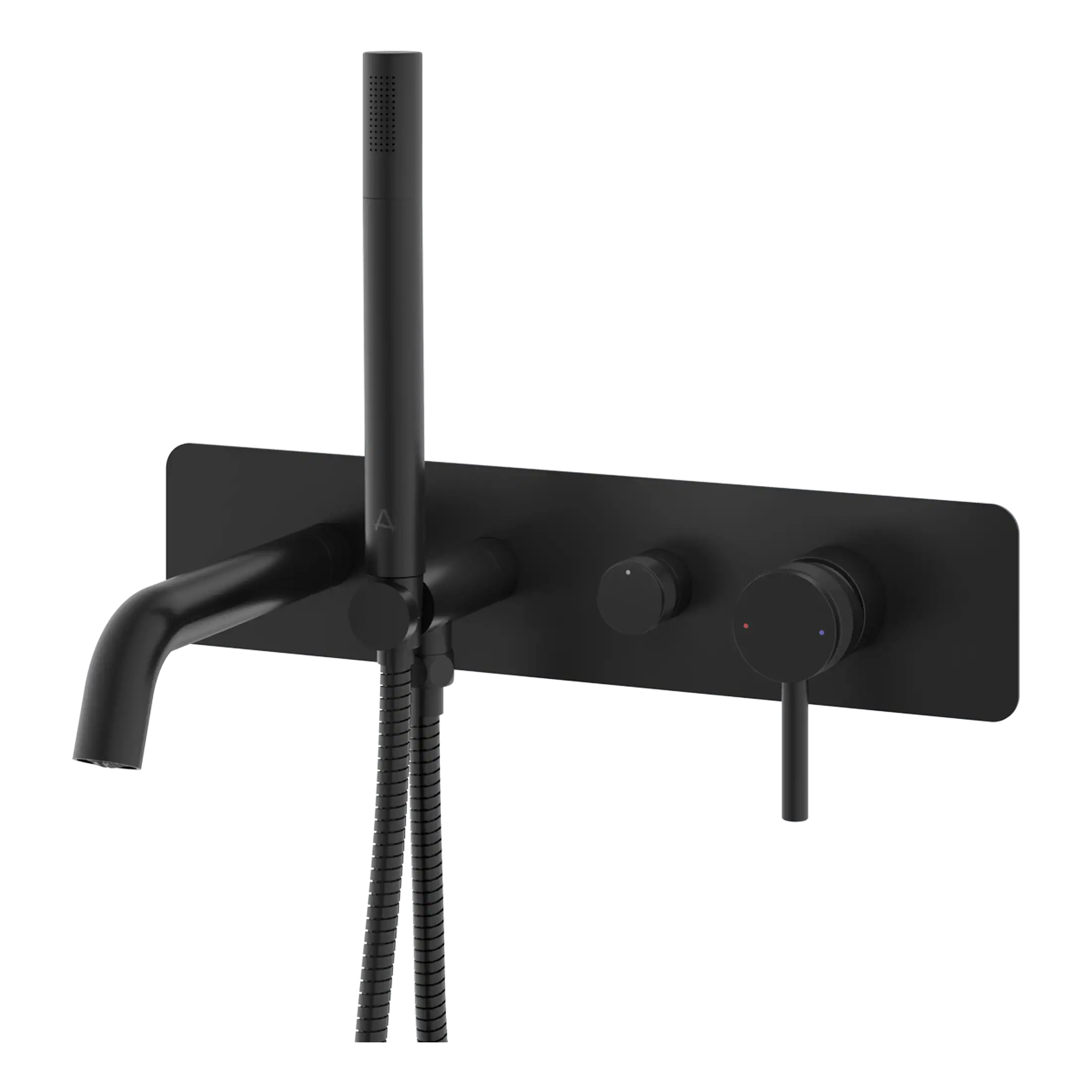 Sleek black modern bathroom shower mixer with handheld shower and wall-mounted controls, ideal for contemporary Bubly bathroom designs.