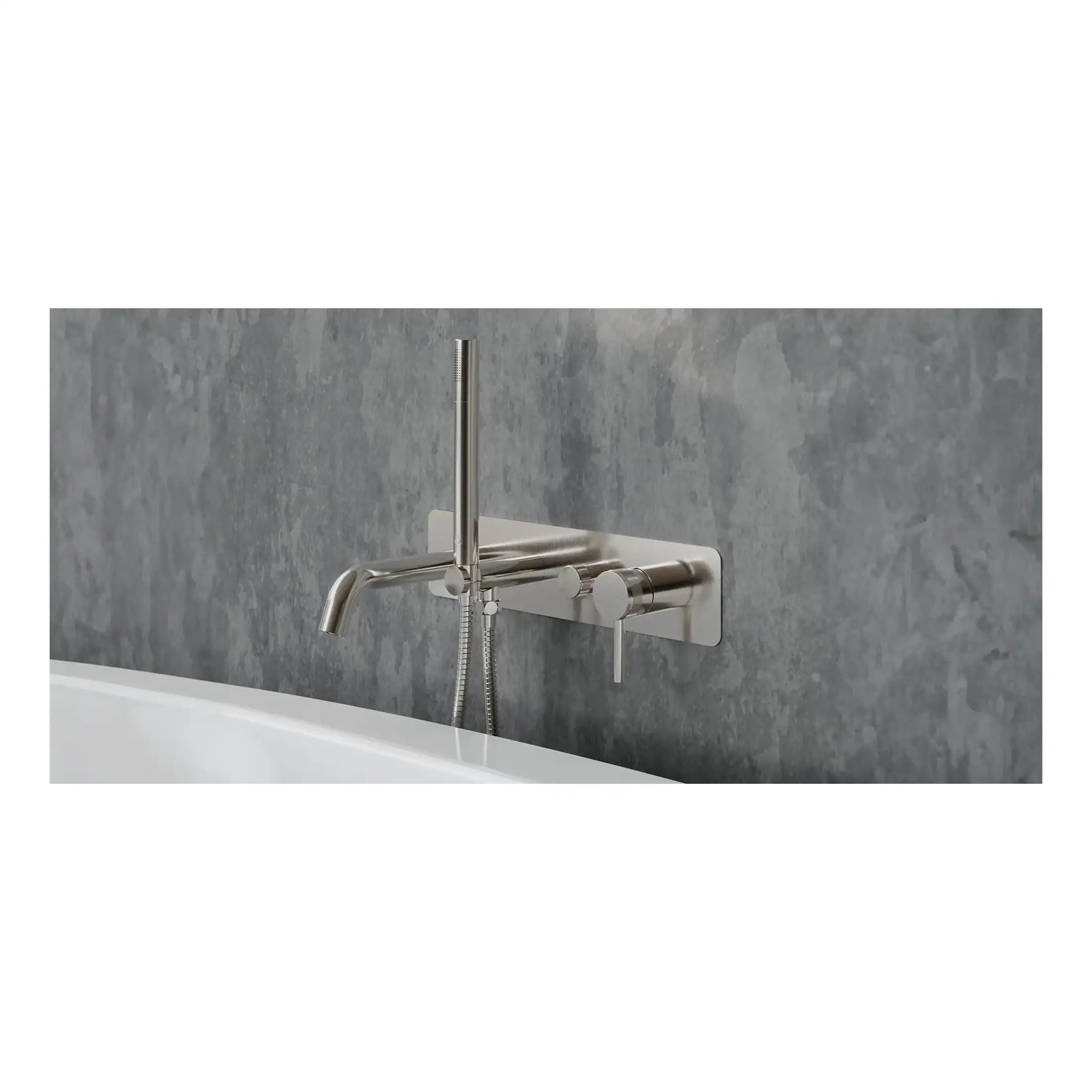 Sleek stainless steel bathtub mixer tap with a modern wall-mounted design, fitting seamlessly into contemporary bathroom interiors for a stylish and functional bathing experience.