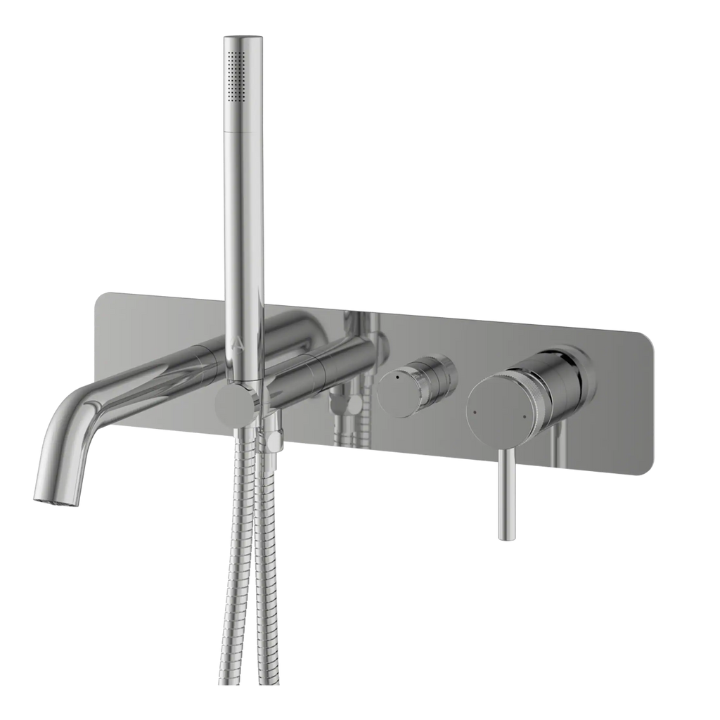Sleek modern stainless steel bathroom tap and shower fixture with adjustable controls, perfect for contemporary bathroom designs.