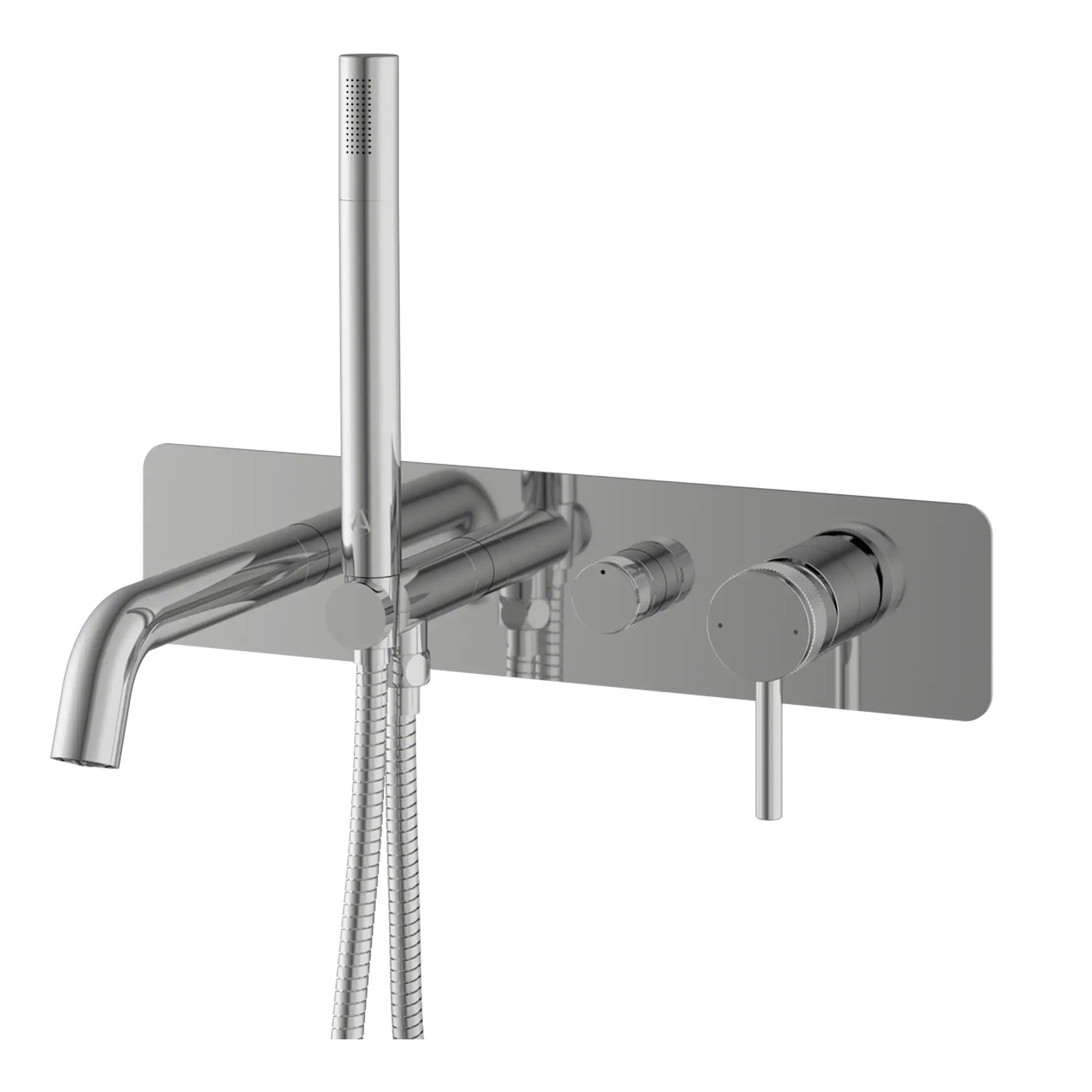 Sleek modern stainless steel bathroom tap and shower fixture with adjustable controls, perfect for contemporary bathroom designs.