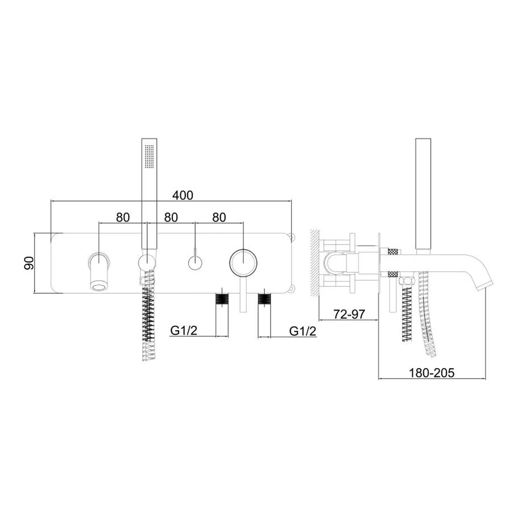 High-quality technical drawing of a Bubly Bathrooms bathtub tap and shower mixer with dimensions and installation details. Precise plumbing fixture design for bathroom renovation and installation.