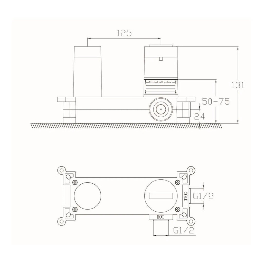 Flexible and modern bathroom valve installation with technical schematics, precise measurements, ideal for Bubly Bathrooms' contemporary bathroom fittings.