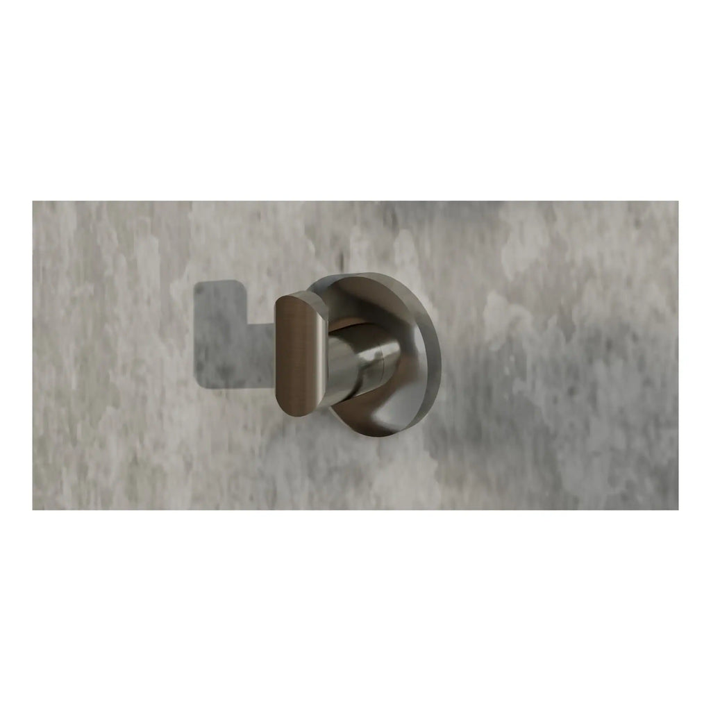 Sleek brushed nickel wall hook on textured grey bathroom wall, modern bathroom accessory, sturdy and stylish for towels or robes.