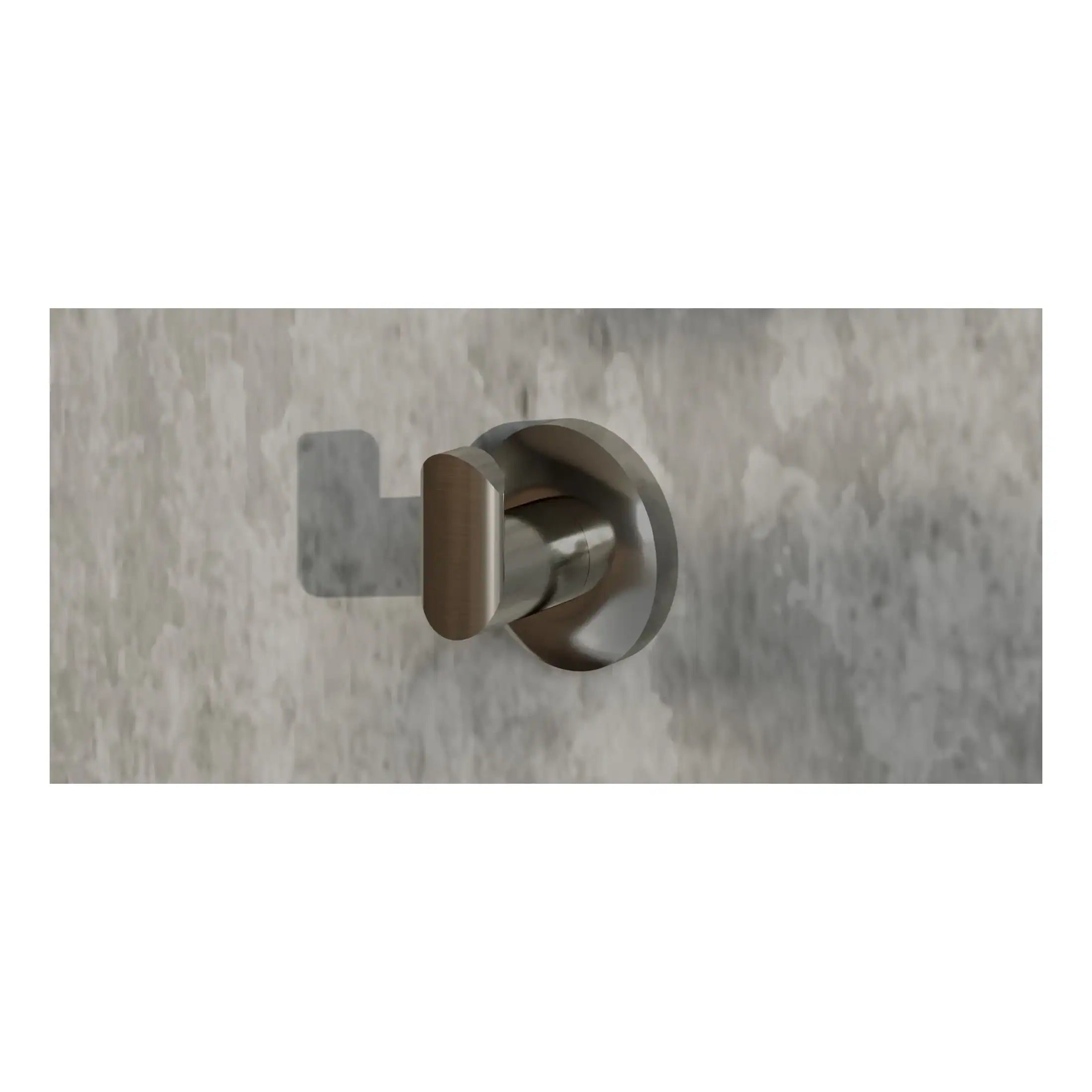 Sleek brushed nickel wall hook on textured grey bathroom wall, modern bathroom accessory, sturdy and stylish for towels or robes.