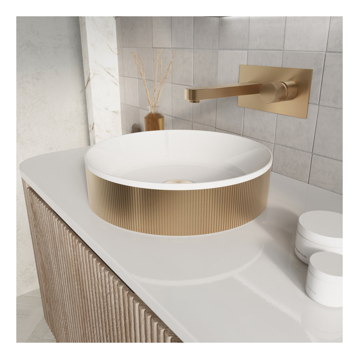 Scudo Koko Brushed Brass Fluted Countertop Basin - lifestyle