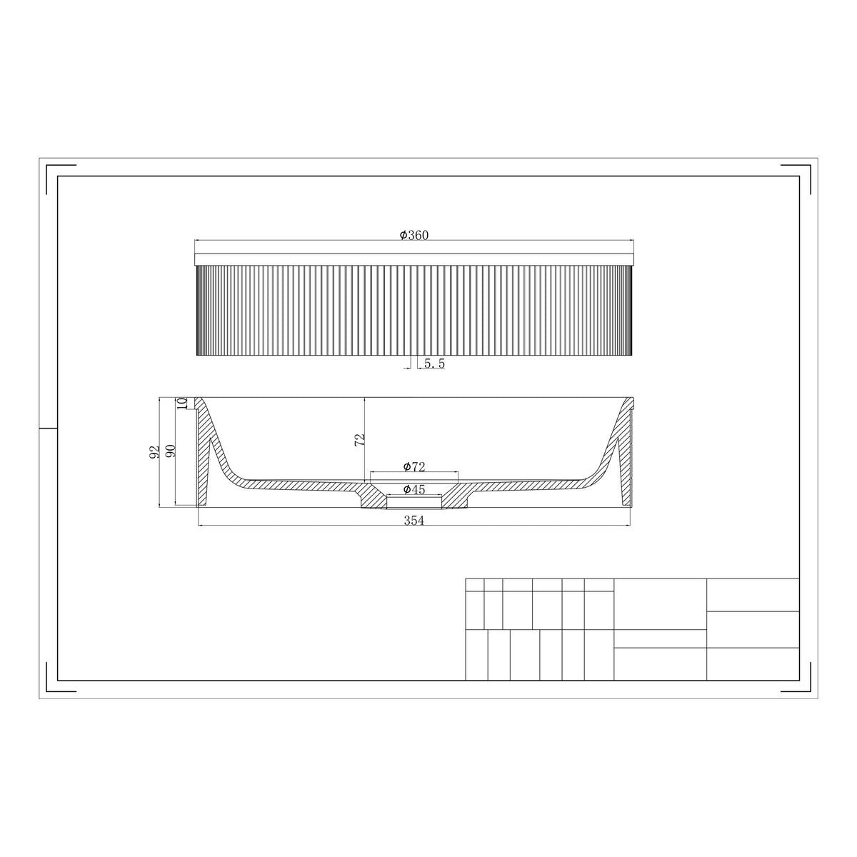 Scudo Koko Brushed Bronze Fluted Countertop Basin - technical drawing with dimensions