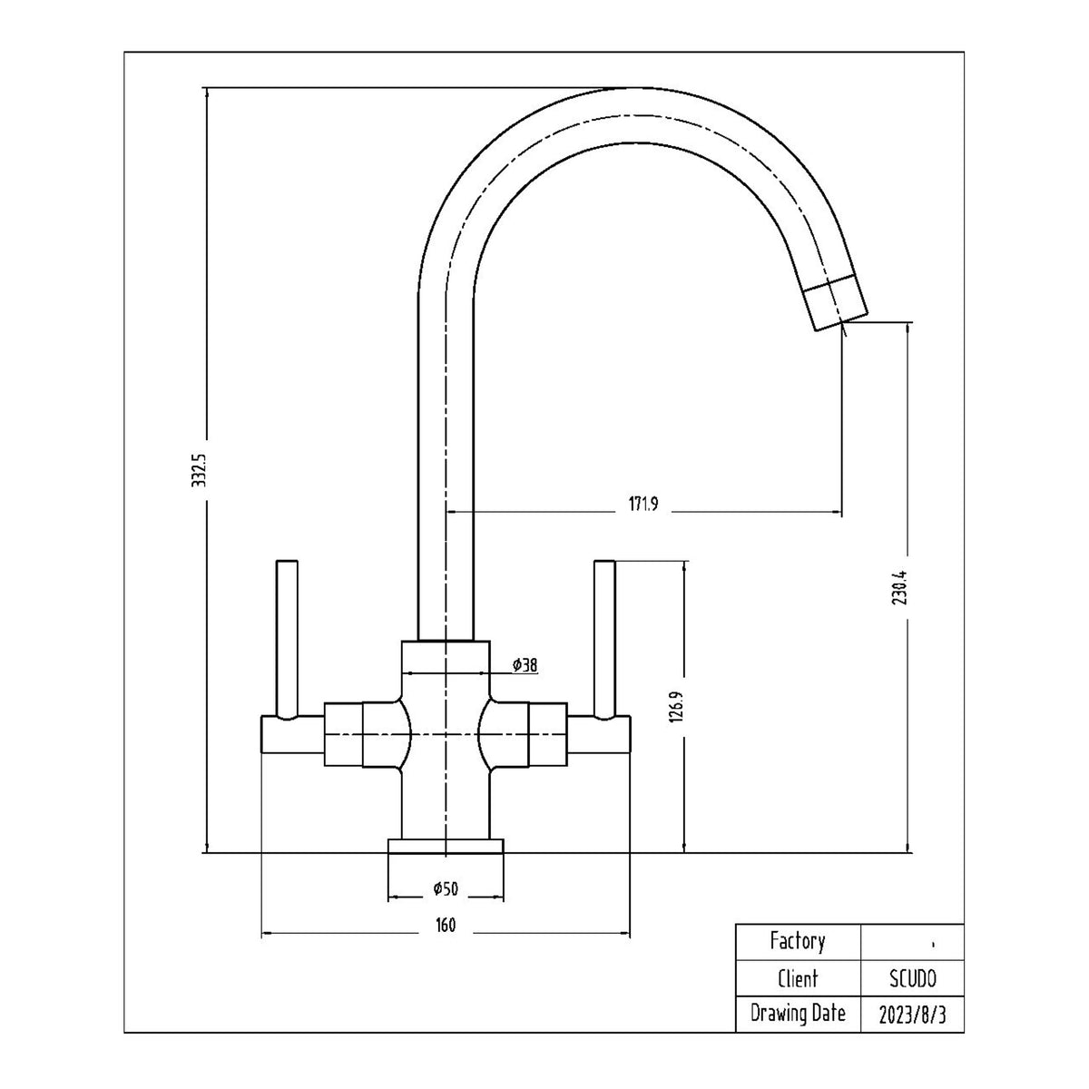 Scudo Kingston Kitchen Tap - Chrome - technical drawing with dimensions