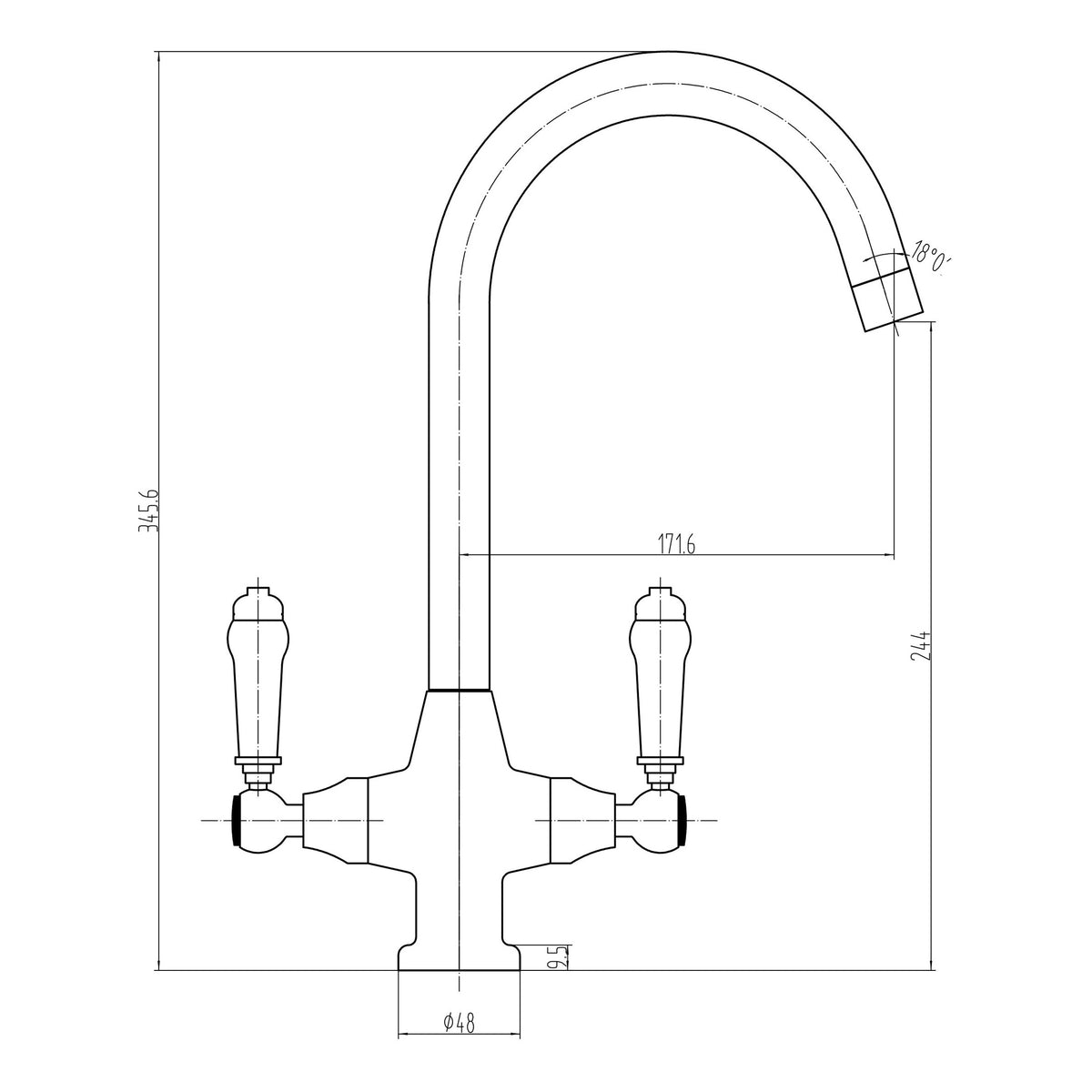 Scudo Harrogate Kitchen Tap - technical drawing with dimensions
