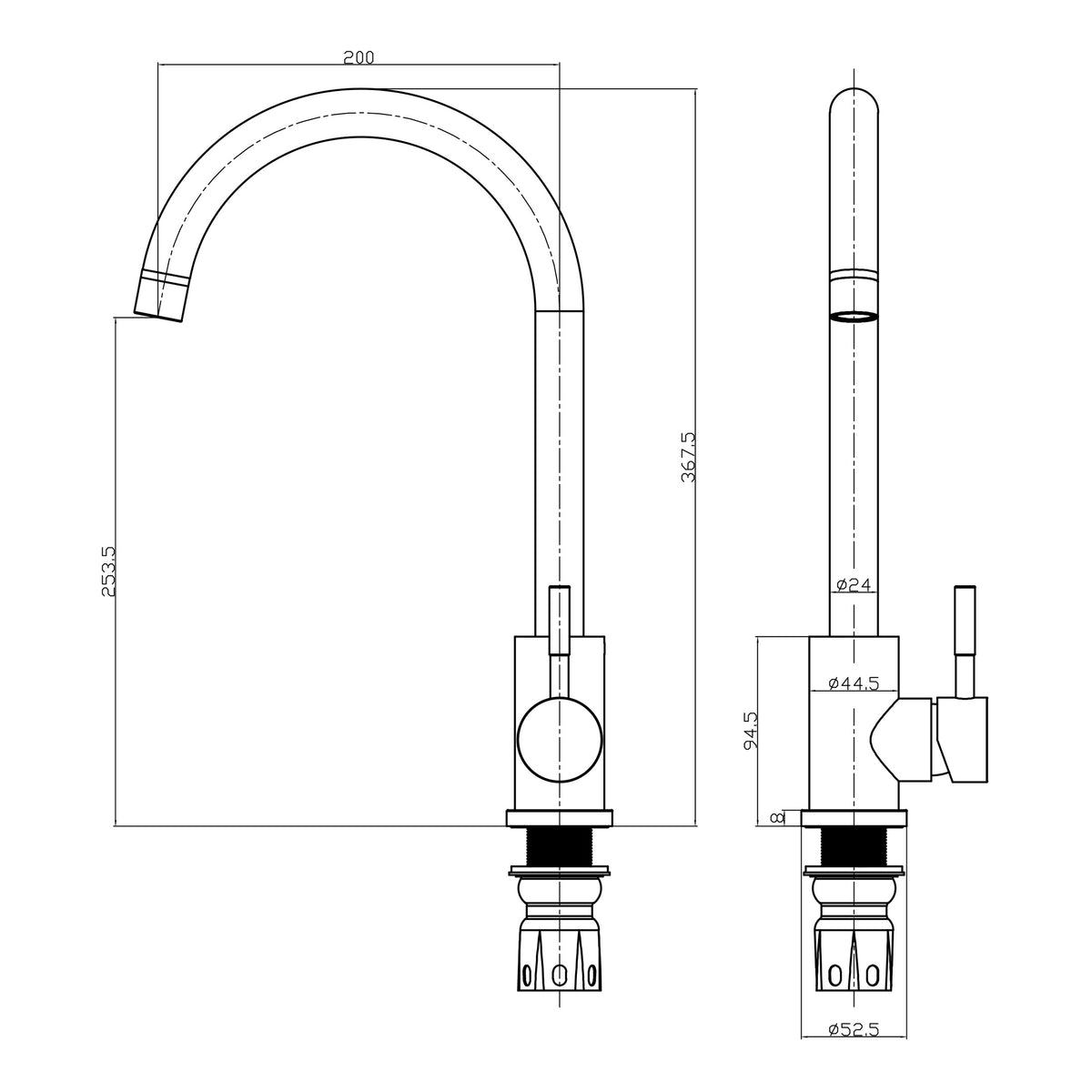 Scudo Manhattan Kitchen Mixer Tap - technical drawing with dimensions
