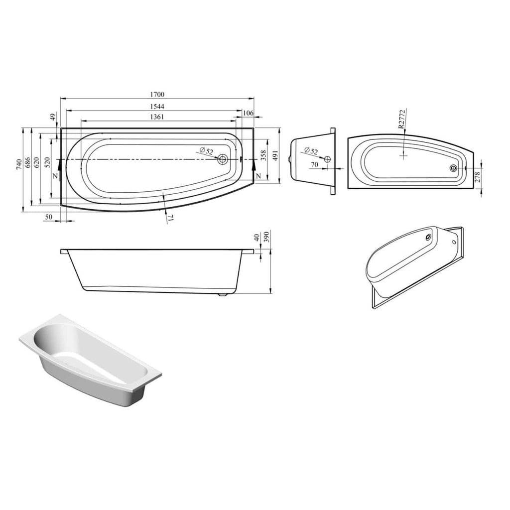 High-quality technical blueprint of a bathtub with detailed measurements, side views, and design specifications for luxury bathroom renovation projects.