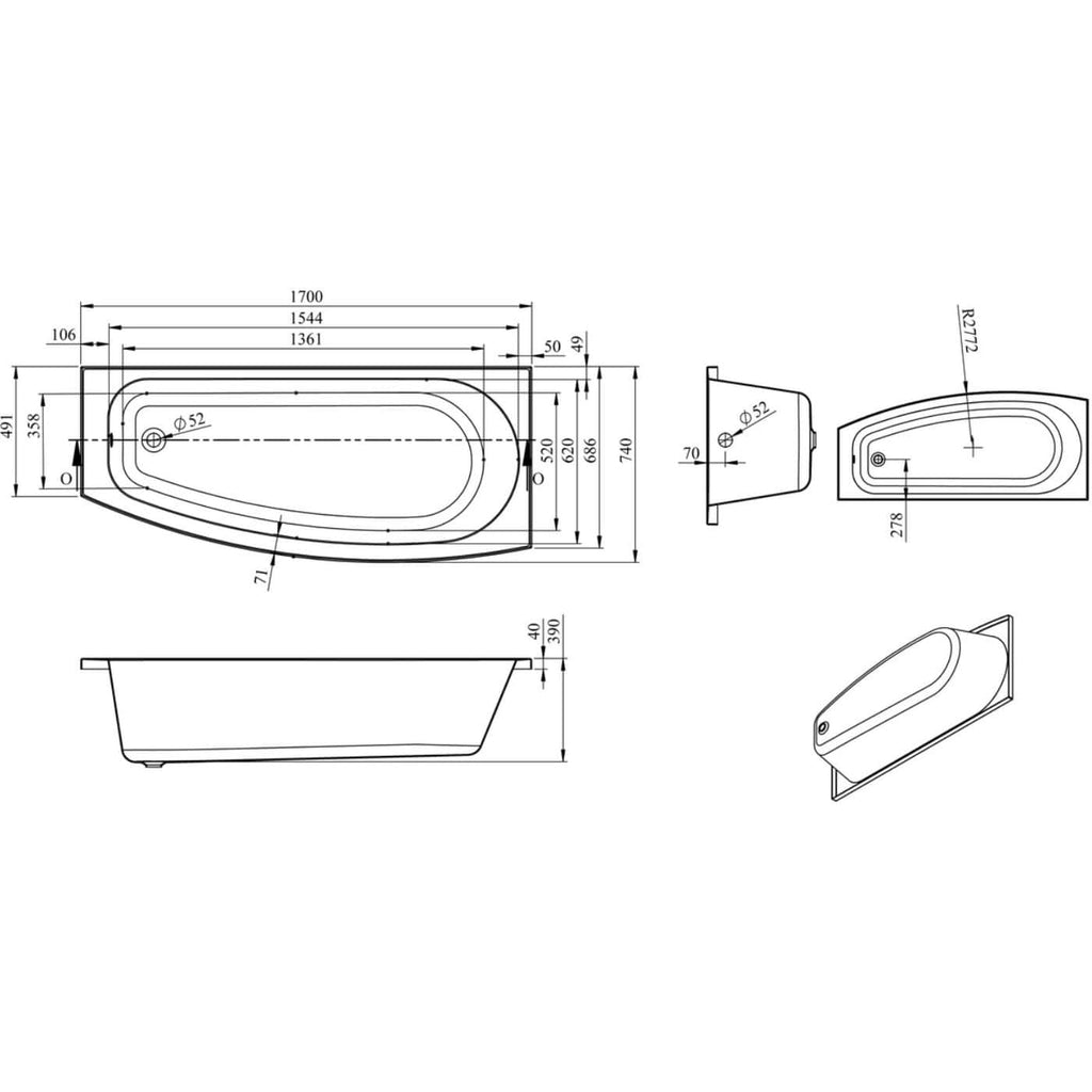 High-quality technical bathroom design blueprint showcasing measurements for a modern bathtub from Bubly Bathrooms, ideal for plumbing and renovation projects.