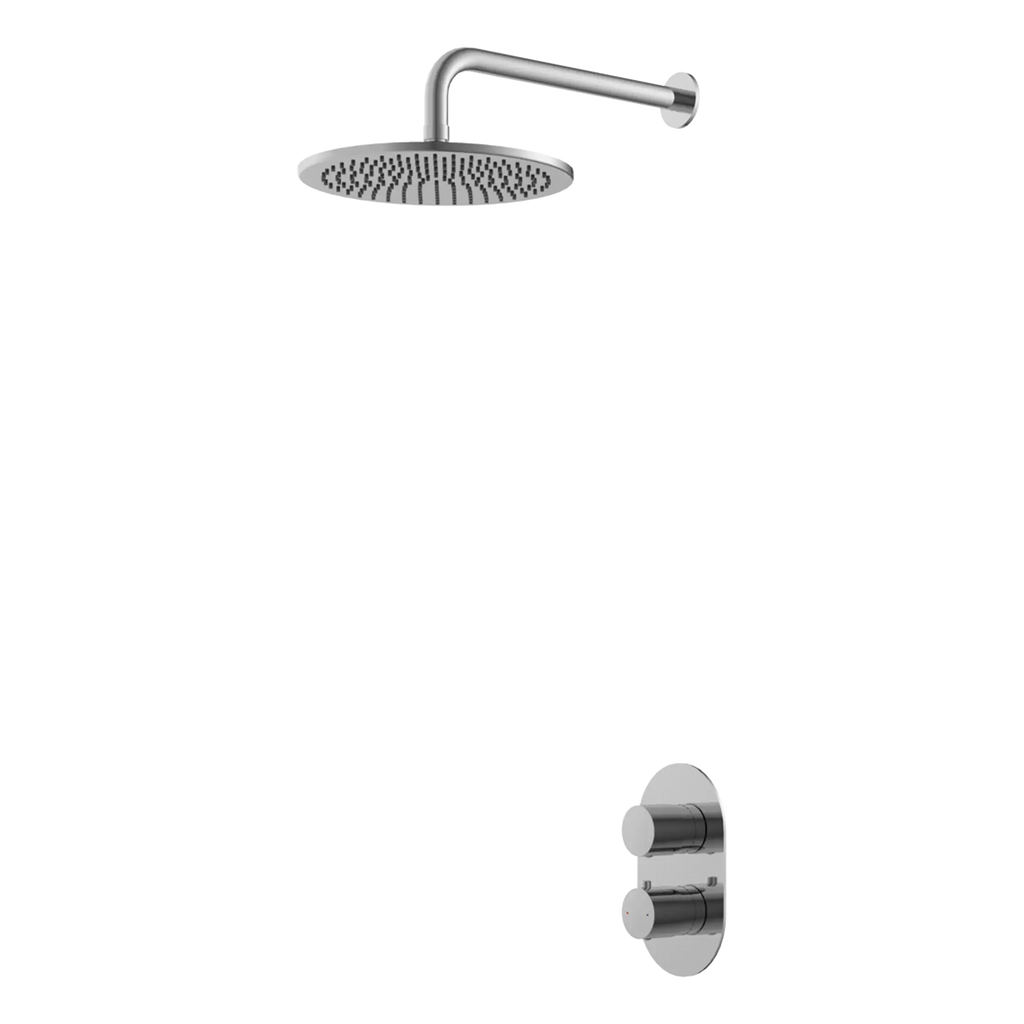 Brushed chrome shower head and tap set for modern bathroom design.