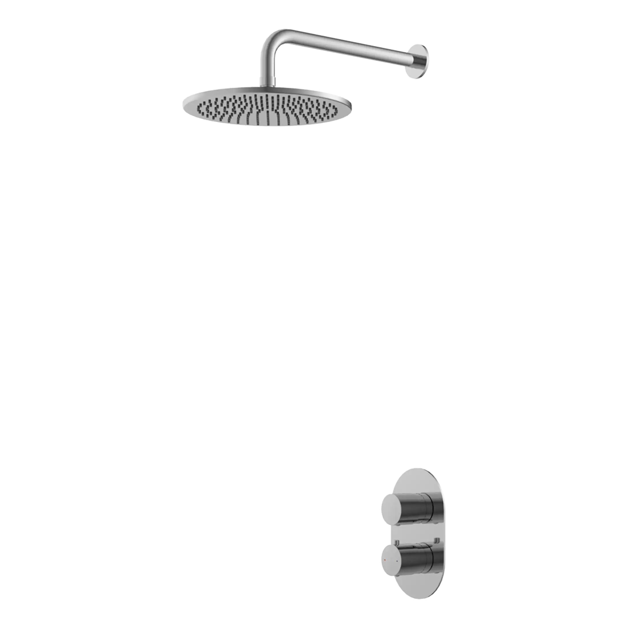 Brushed chrome shower head and tap set for modern bathroom design.
