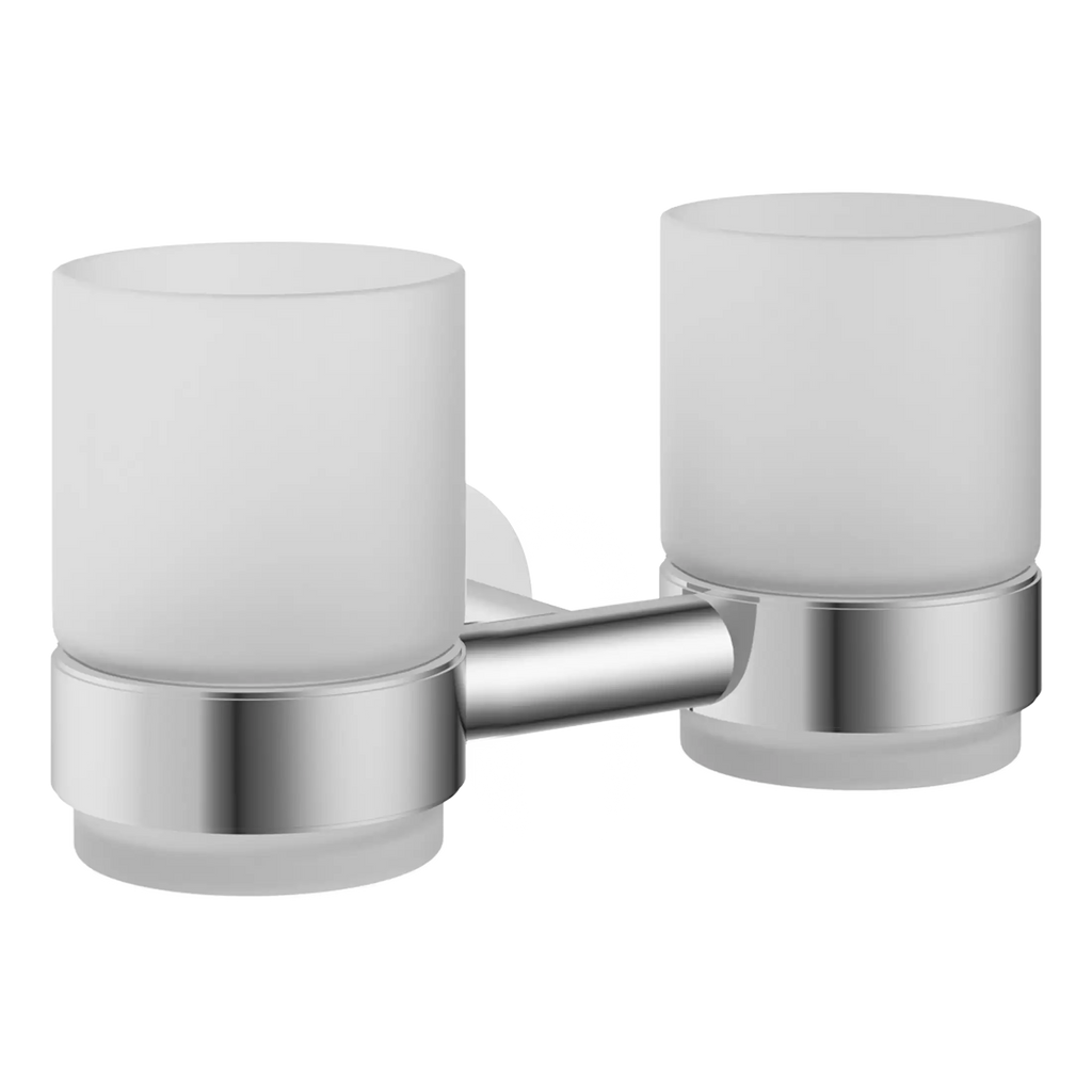 Shower or bathroom wall-mounted double glass candle holder with chrome finish for modern bathroom decor. Stylish and functional accessory for bathroom lighting or relaxing ambiance.