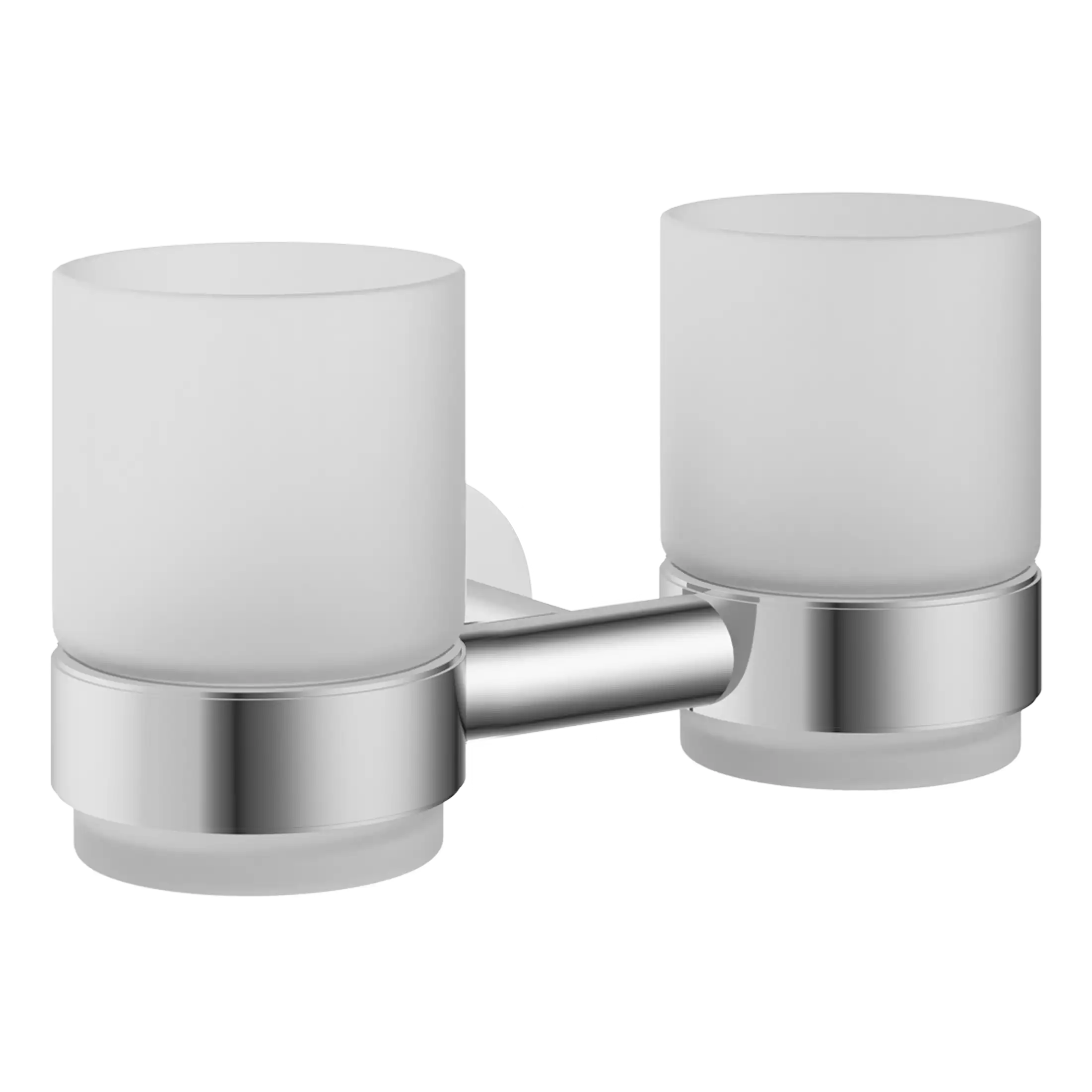 Shower or bathroom wall-mounted double glass candle holder with chrome finish for modern bathroom decor. Stylish and functional accessory for bathroom lighting or relaxing ambiance.
