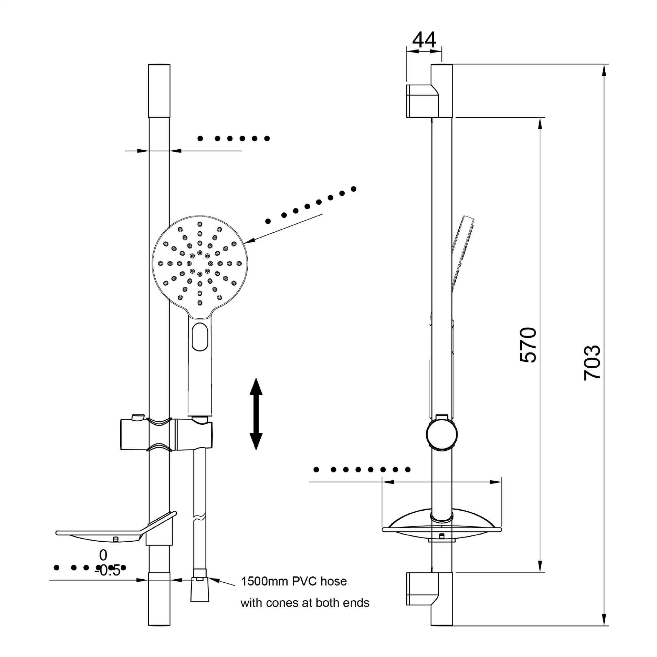 High-quality bathroom shower fixture technical drawing showing dimensions, PVC hose, and adjustable height features for modern bathroom renovation.