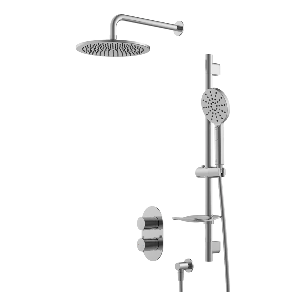 Shower system with overhead rain shower and handheld showerhead in chrome finish, modern bathroom shower fixtures.