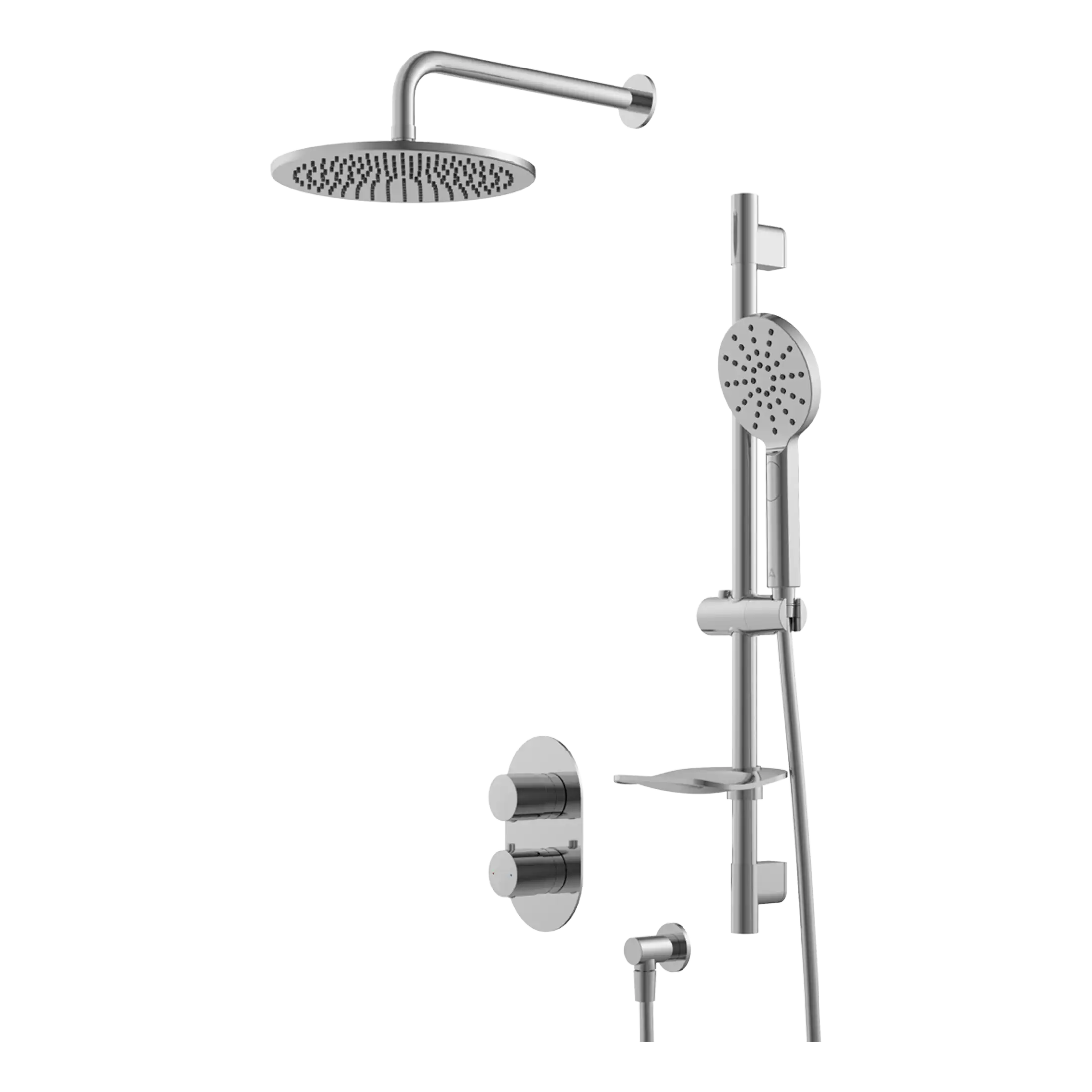 Shower system with overhead rain shower and handheld showerhead in chrome finish, modern bathroom shower fixtures.
