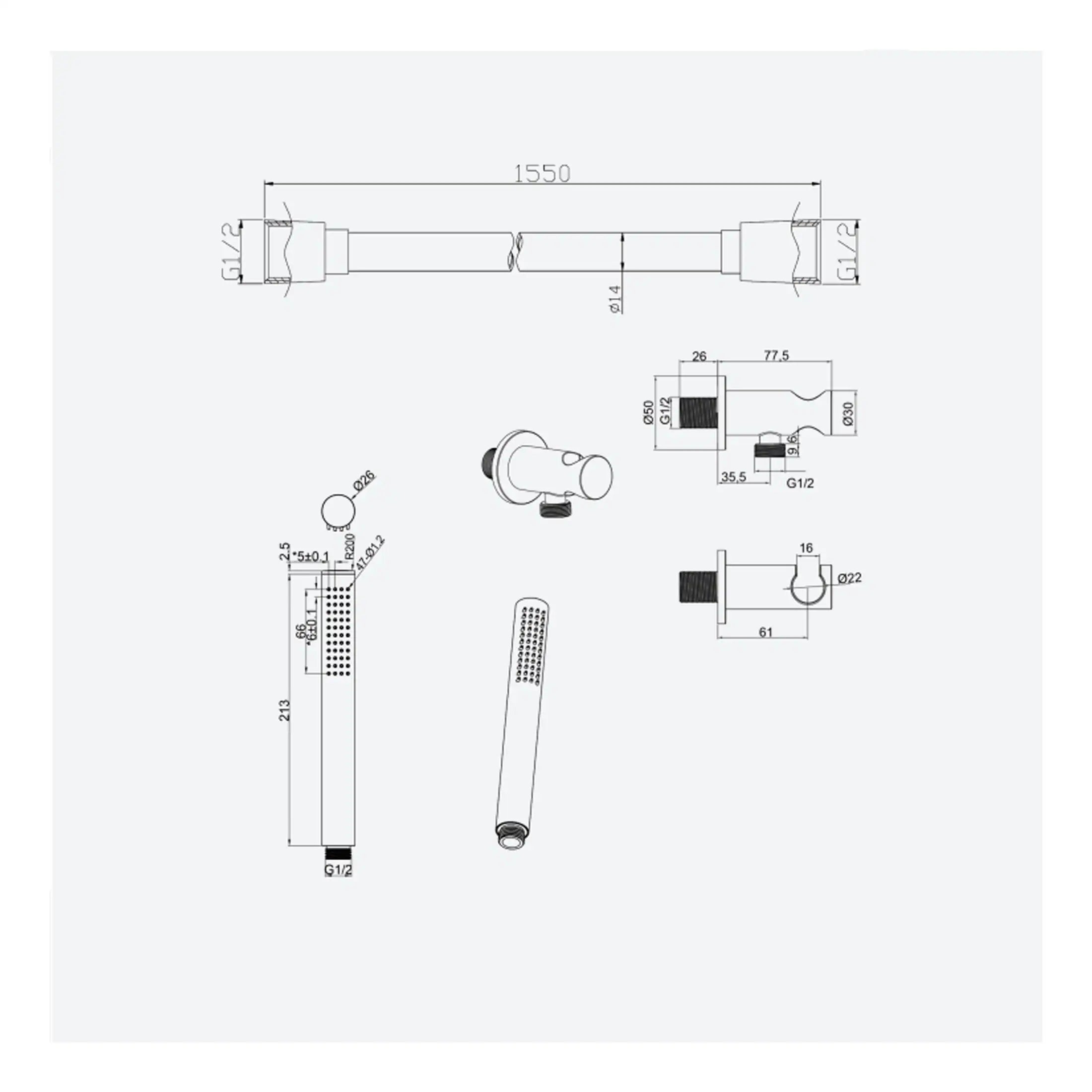 High-quality bathroom shower arm and fittings from Bubly Bathrooms, showcasing precise technical drawings and dimensions for reliable installation.