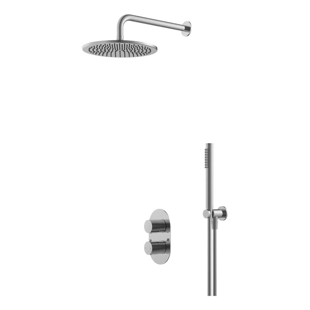 Showerhead and thermostatic shower panel system with modern chrome finish, perfect for luxurious bathrooms appealing to homeowners seeking stylish, high-quality shower solutions.