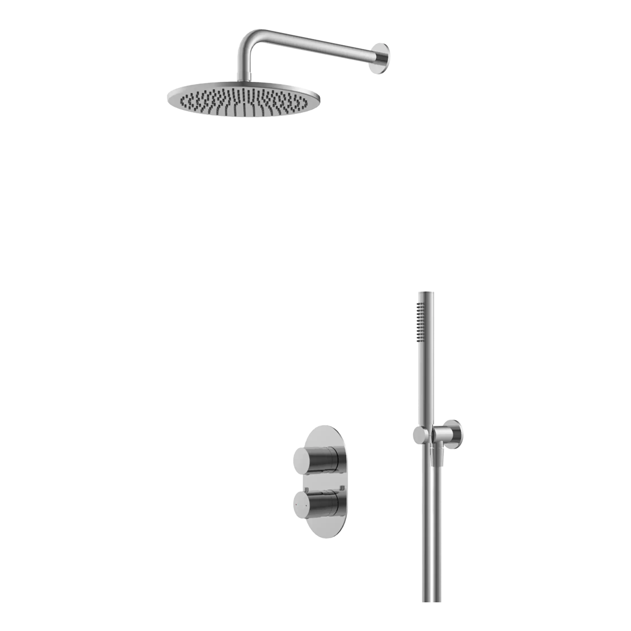 Showerhead and thermostatic shower panel system with modern chrome finish, perfect for luxurious bathrooms appealing to homeowners seeking stylish, high-quality shower solutions.