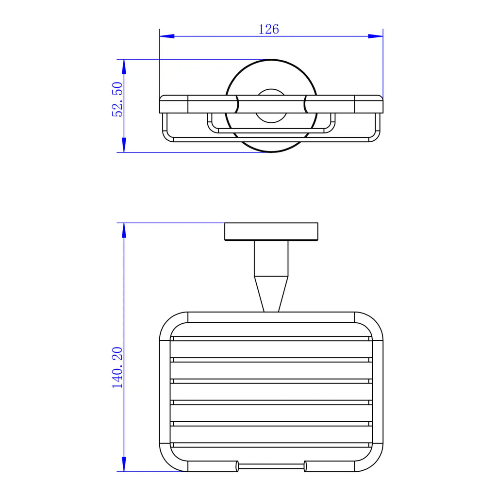 Black and white technical drawing of a bathroom shower caddy with detailed dimensions, focusing on sleek, modern bathroom storage solutions by Bubly Bathrooms.