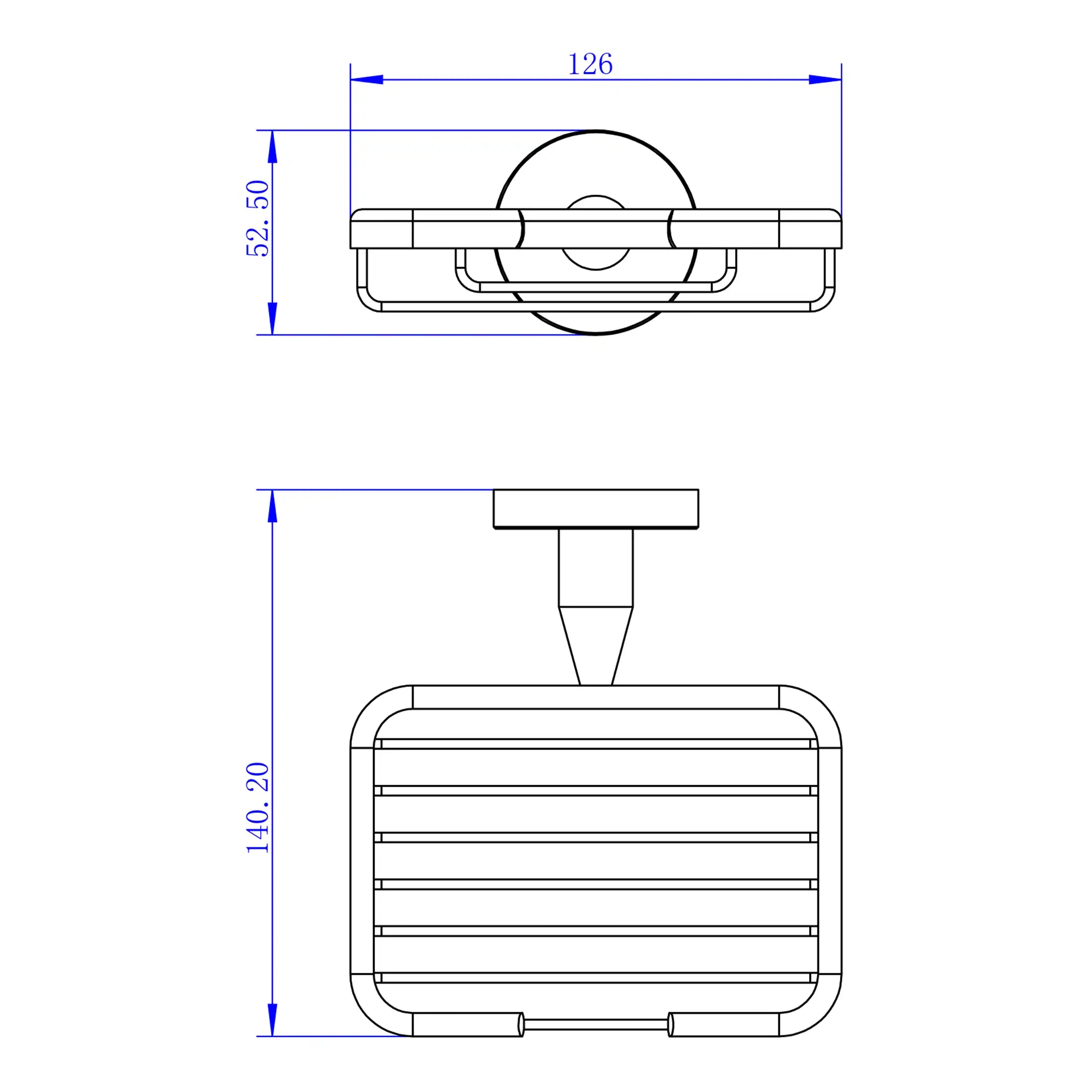 Black and white technical drawing of a bathroom shower caddy with detailed dimensions, focusing on sleek, modern bathroom storage solutions by Bubly Bathrooms.