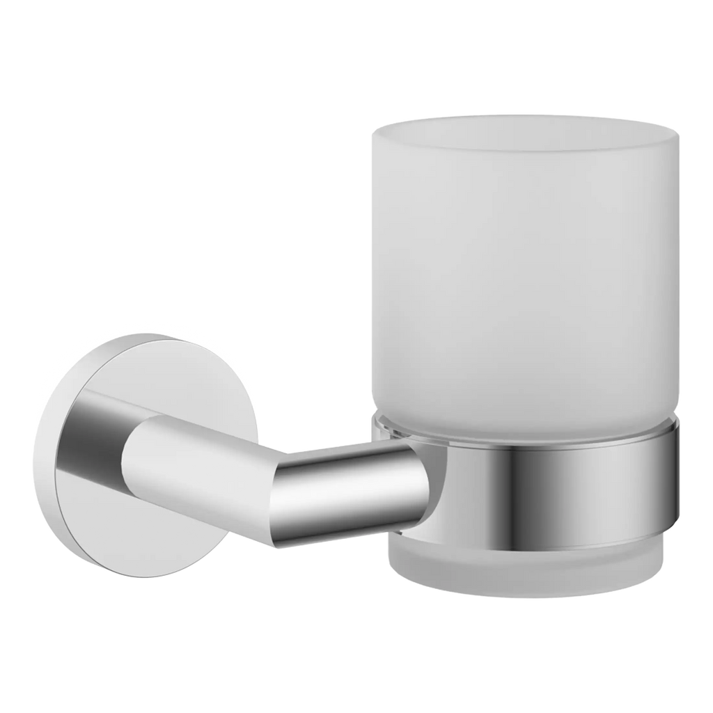 Sleek modern white ceramic bathroom tumbler holder with chrome wall mount for bathroom accessories, perfect for organising toiletries and adding contemporary style to your bathroom decor.
