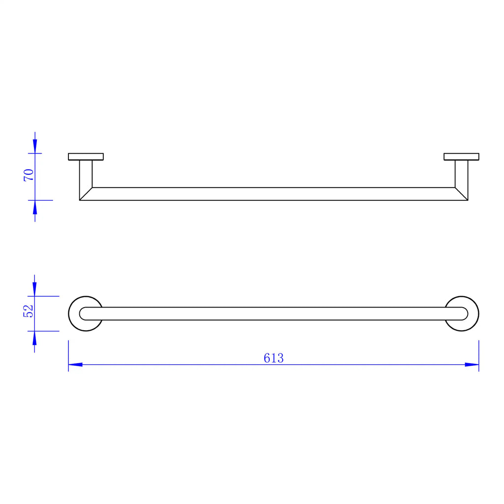 Polished chrome grab bar for bathroom safety and accessibility, measuring 613mm in length with a 52mm diameter, ideal for showers and disabled bathrooms.