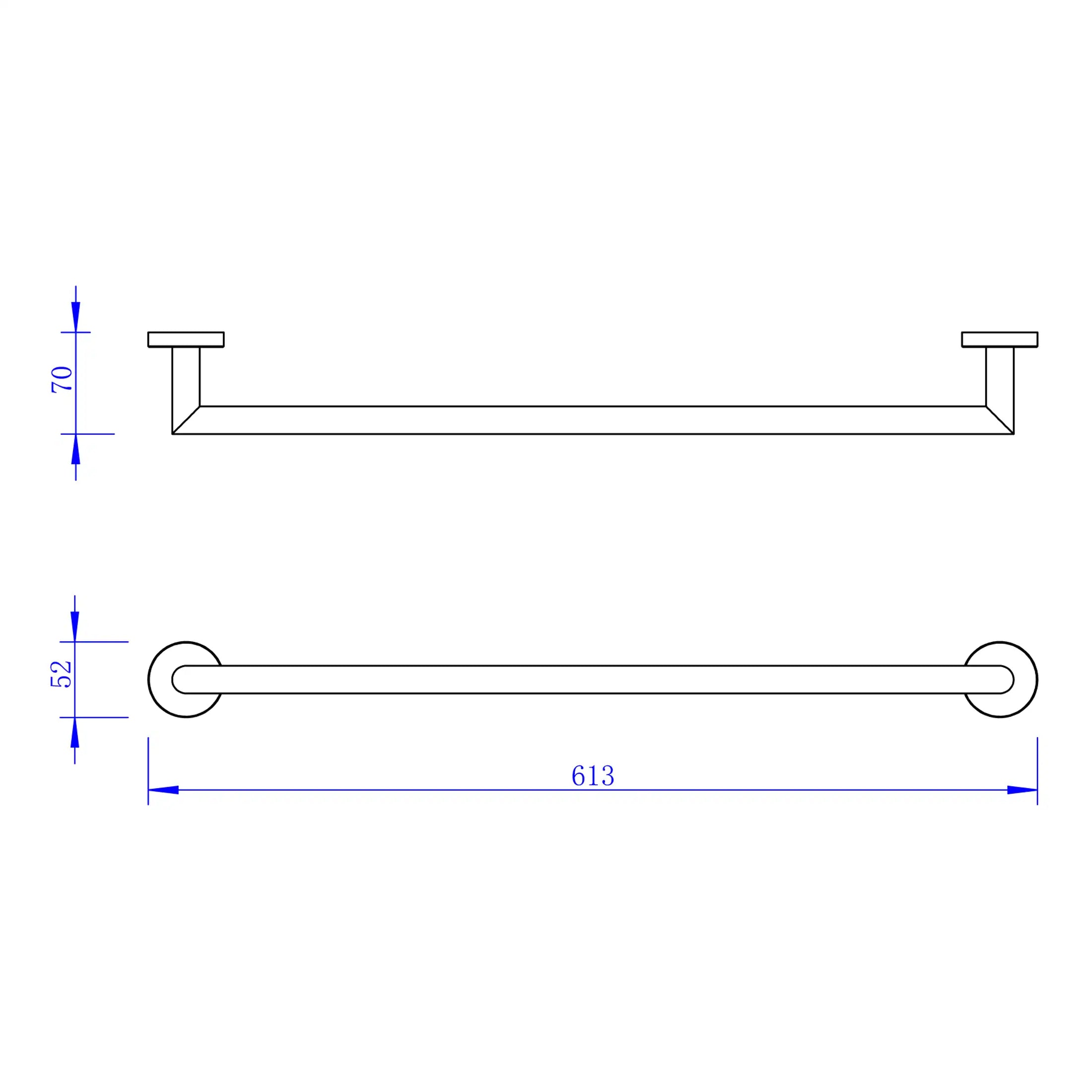 Polished chrome grab bar for bathroom safety and accessibility, measuring 613mm in length with a 52mm diameter, ideal for showers and disabled bathrooms.