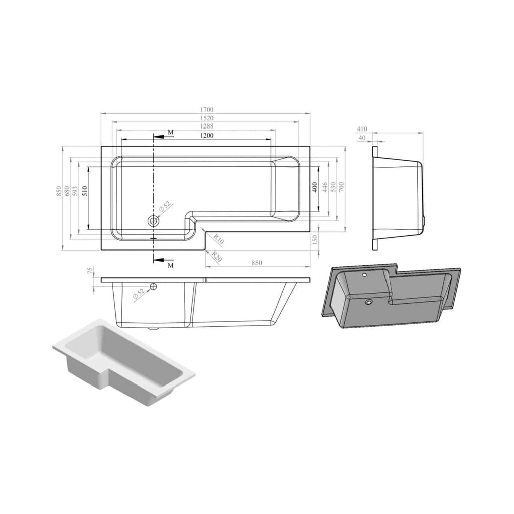 Precision technical drawing of a modern bathroom bathtub with detailed dimensions and design features. Showcasing construction, size, and installation elements for bathroom renovations.