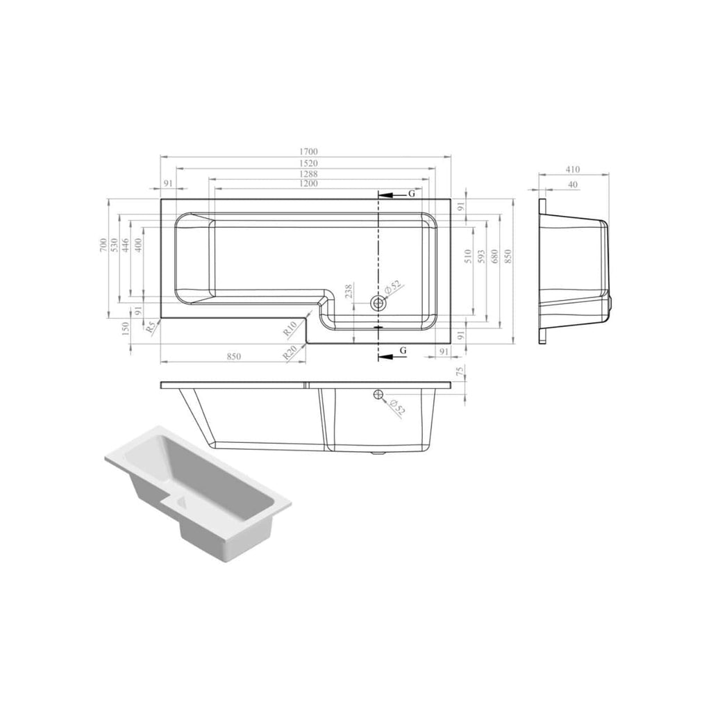 Elegant modern bathtub design with detailed technical blueprint for precise bathroom installation, showcasing dimensions and features of Bubly Bathrooms' premium fixtures.