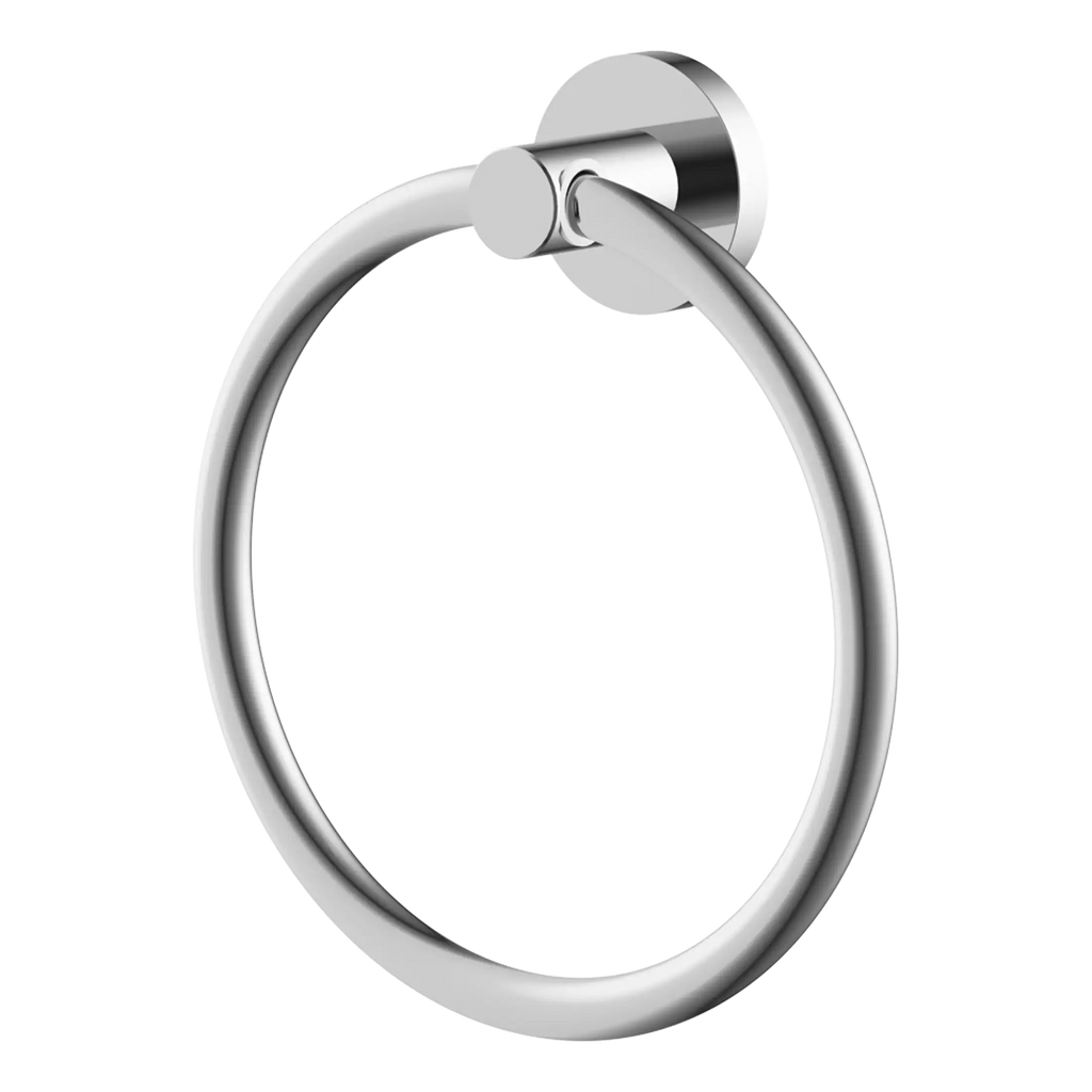 Polished chrome bathroom towel ring with modern design, perfect for organising hand towels in contemporary bathrooms. Durable, stylish, and easy to install, ideal for domestic or commercial use.