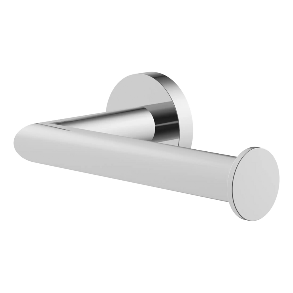 Polished chrome wall-mounted toilet paper holder with modern cylindrical design for bathrooms.