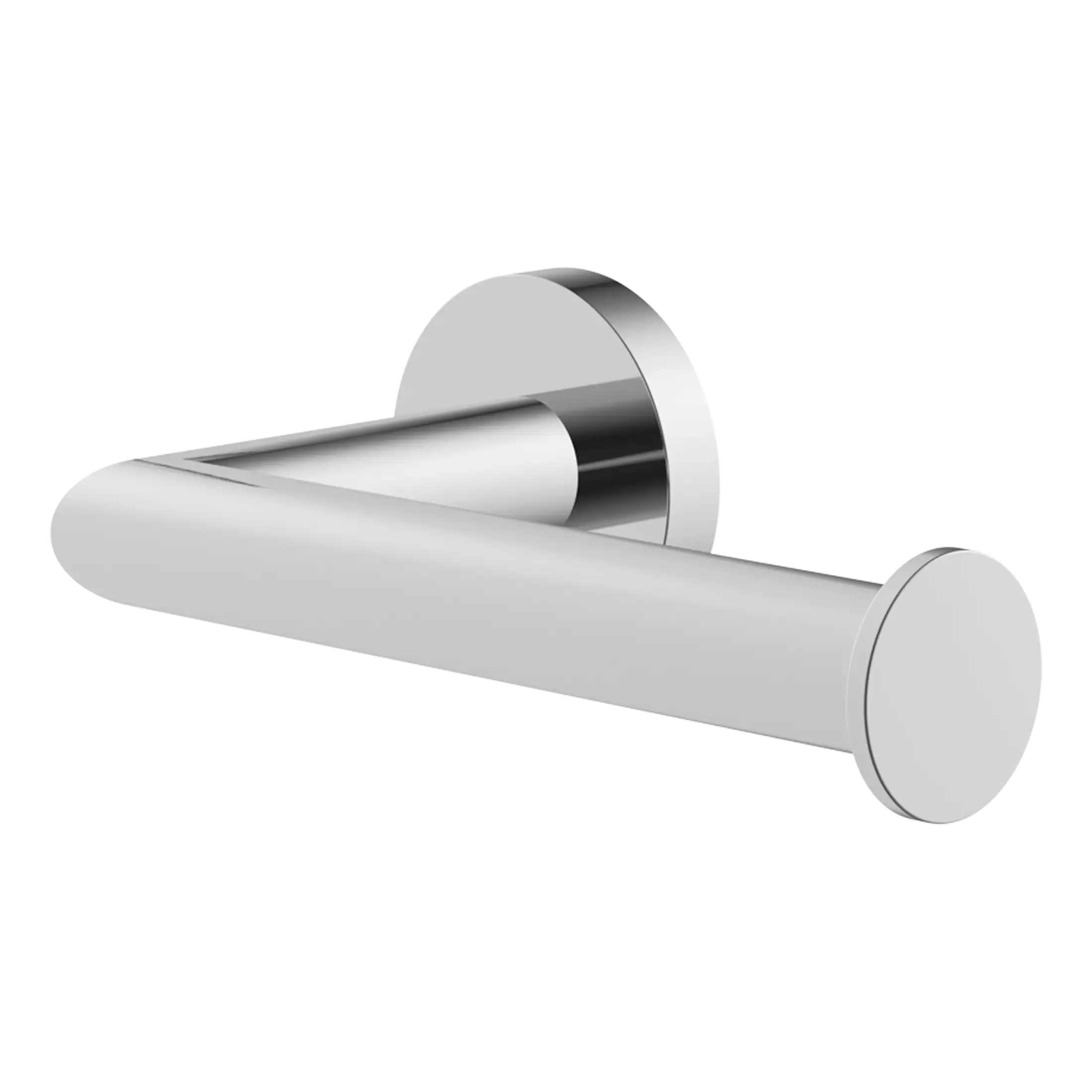 Polished chrome wall-mounted toilet paper holder with modern cylindrical design for bathrooms.