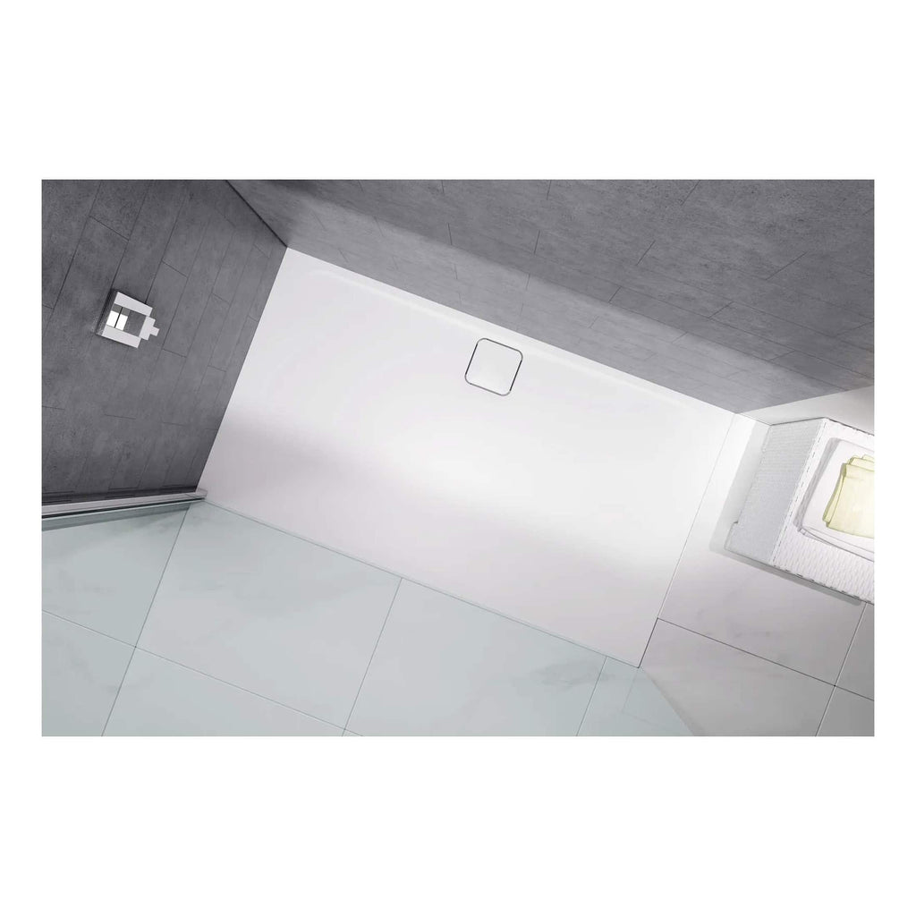 Sleek walk-in shower with modern grey tiles and minimalist design, featuring a white shower tray and glass partition for a contemporary bathroom look. Ideal for luxury bathroom renovations and modern shower space.