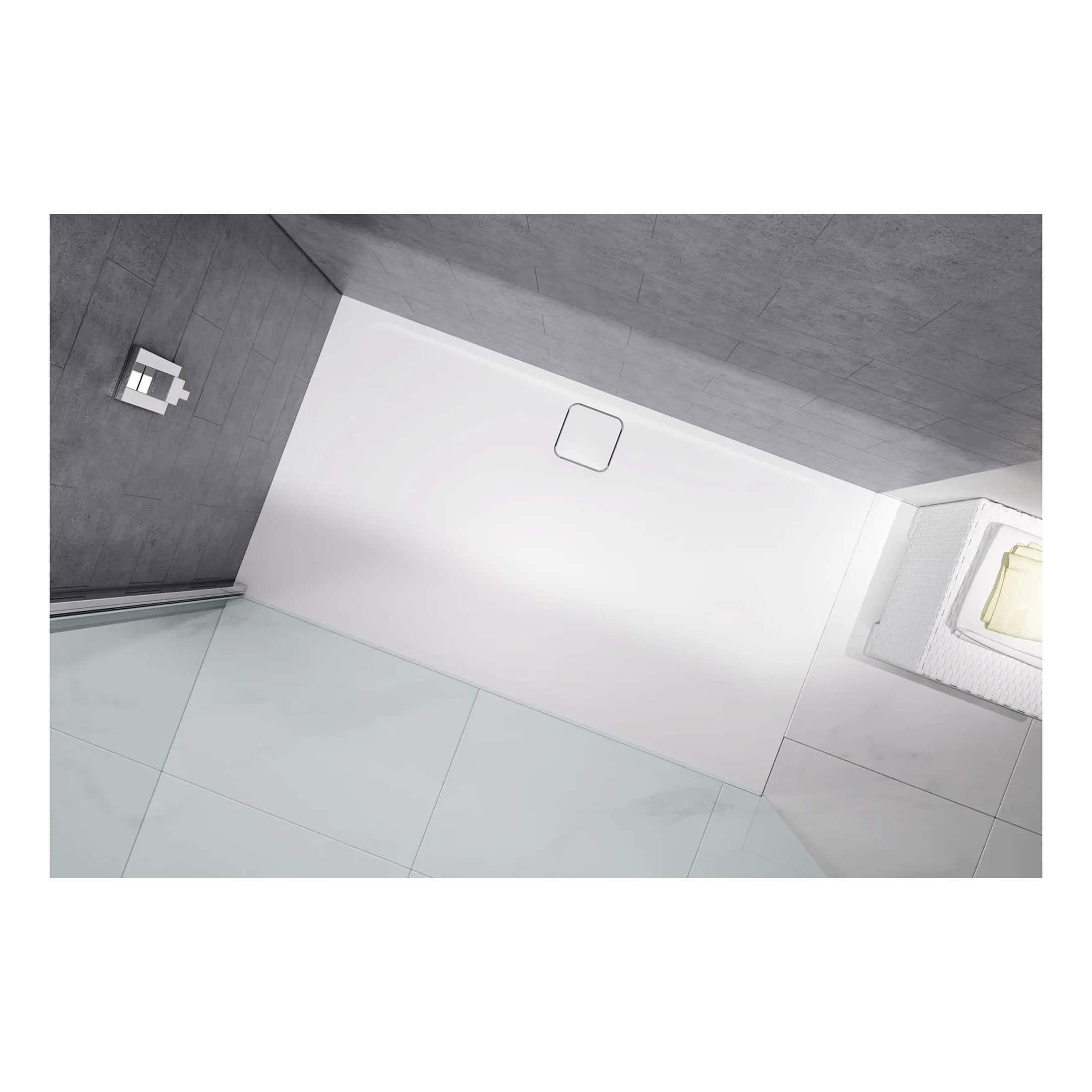 Sleek walk-in shower with modern grey tiles and minimalist design, featuring a white shower tray and glass partition for a contemporary bathroom look. Ideal for luxury bathroom renovations and modern shower space.