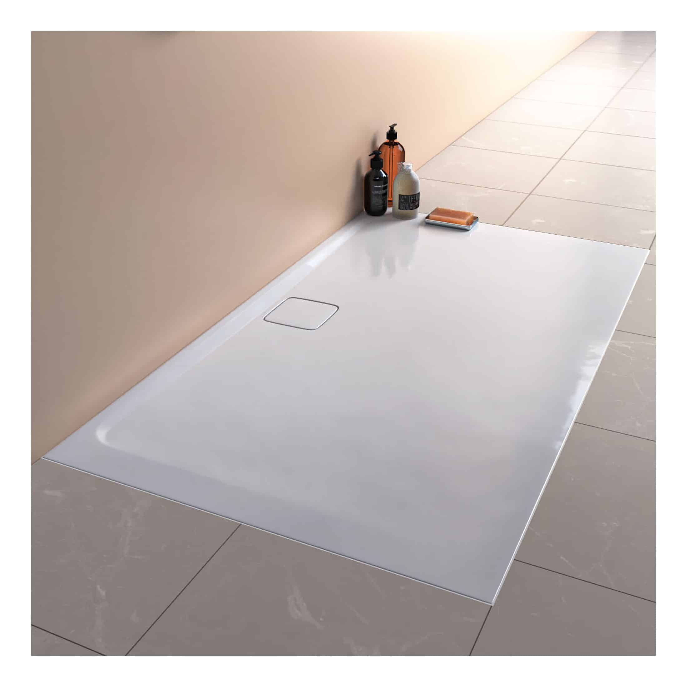 Sleek white walk-in shower tray with minimalist design, integrated drain, and smooth surface, ideal for modern bathroom renovations and accessible shower solutions.