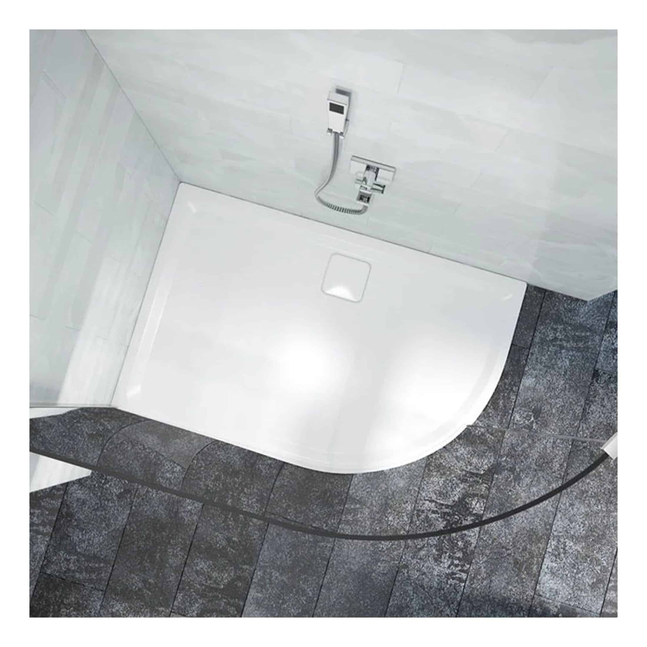 Modern walk-in shower with a sleek white shower tray, chrome fixtures, and dark grey textured floor tiles, perfect for contemporary bathroom bathrooms design.
