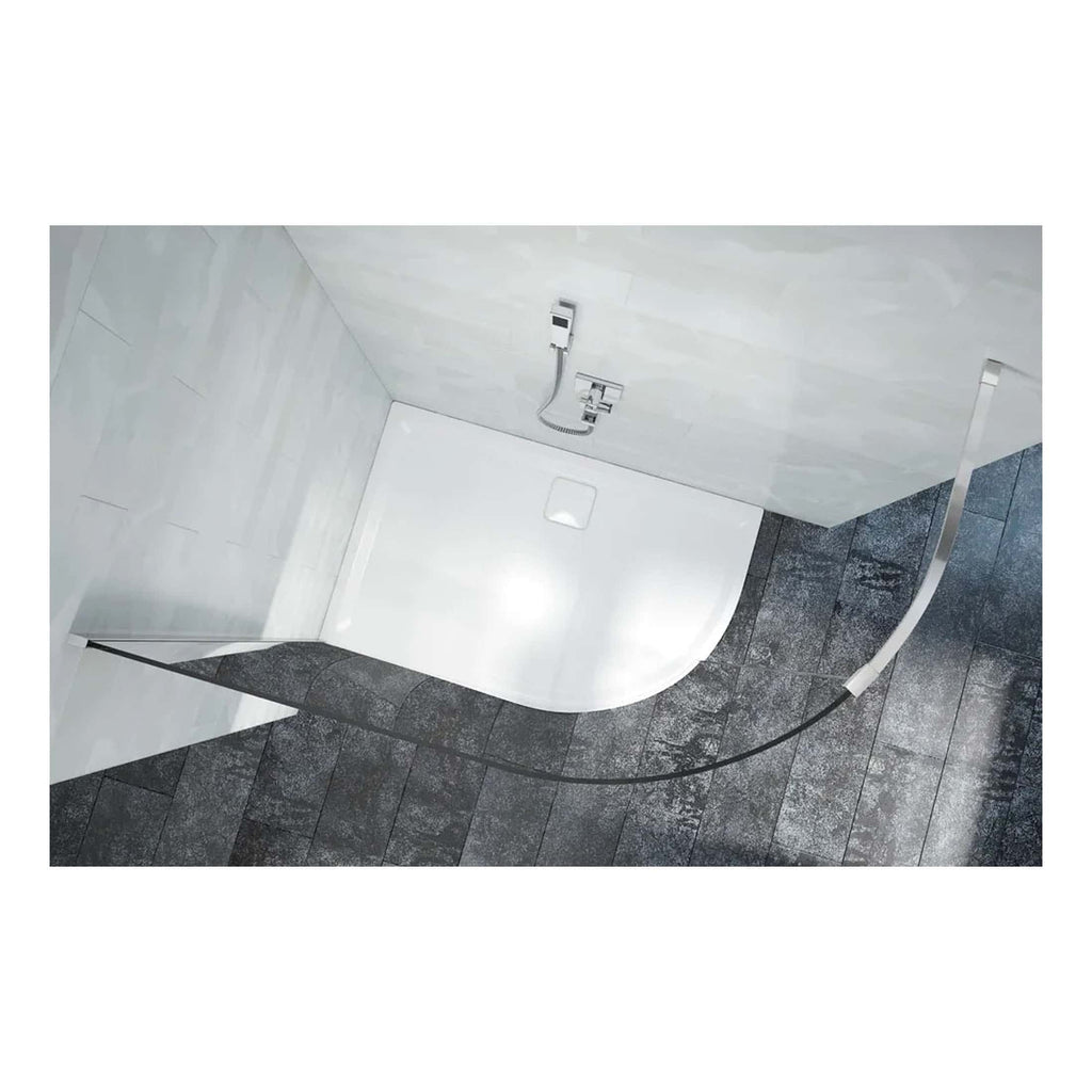 Shower with a curved glass door, modern wall tiles, and sleek fixtures in a contemporary bathroom. Perfect for stylish and functional bathroom renovations by Bubly Bathrooms.