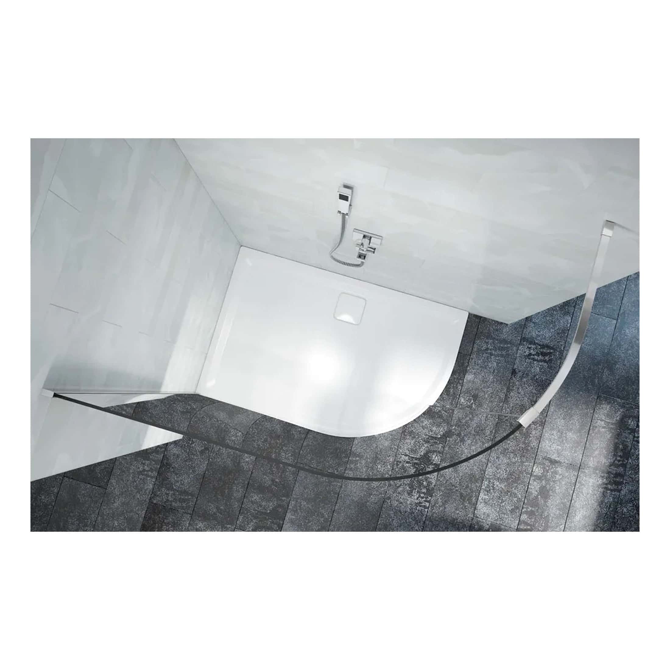 Shower with a curved glass door, modern wall tiles, and sleek fixtures in a contemporary bathroom. Perfect for stylish and functional bathroom renovations by Bubly Bathrooms.
